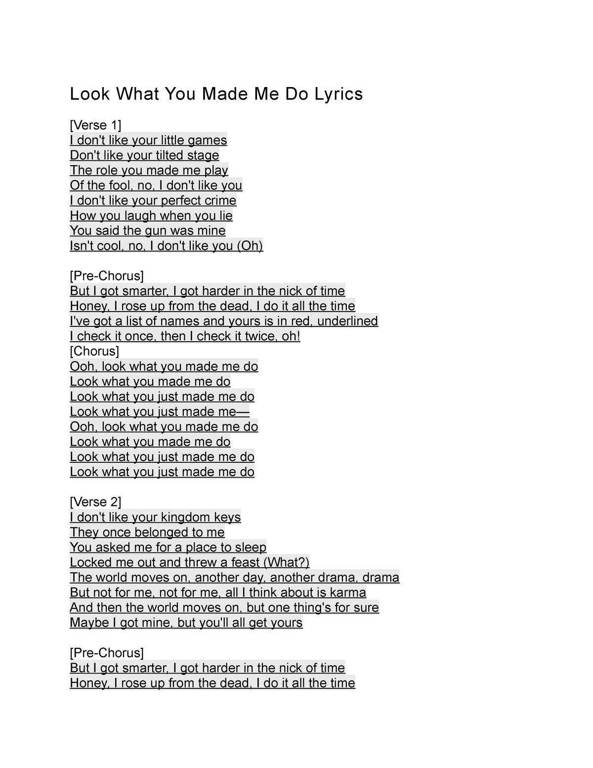 PDF) Taylor Swift Lyrics Look What You Made Me Do