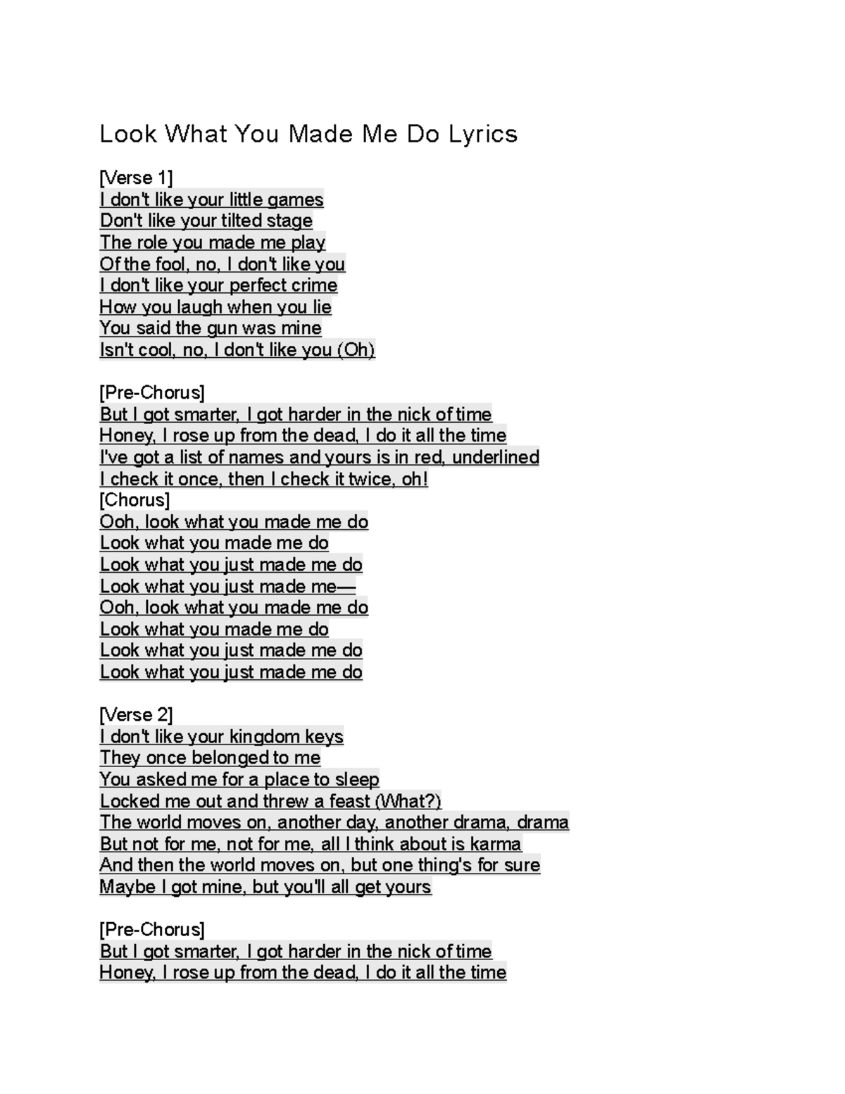 PDF) Taylor Swift Lyrics Look What You Made Me Do