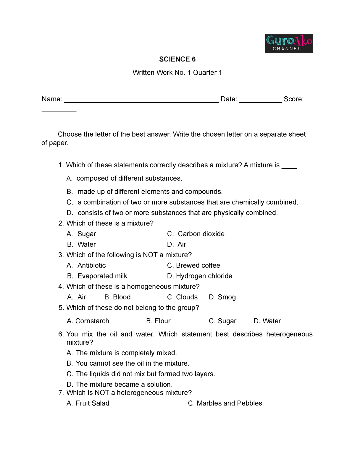 Science 6 ST - Summative Test - SCIENCE 6 Written Work No. 1 Quarter 1 ...