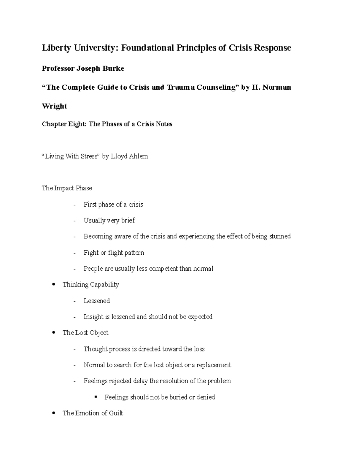 Crisis Response Chapter Eight Notes - Liberty University: Foundational ...
