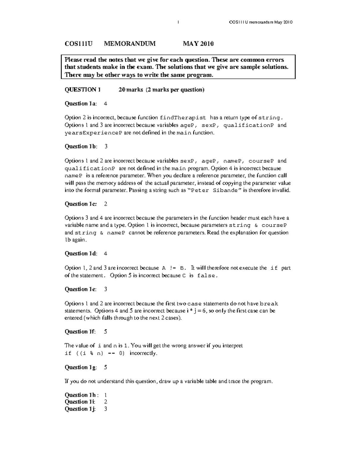 Examination Solutions May June Exam Papers 2010 - COS111U MEMORANDUM ...