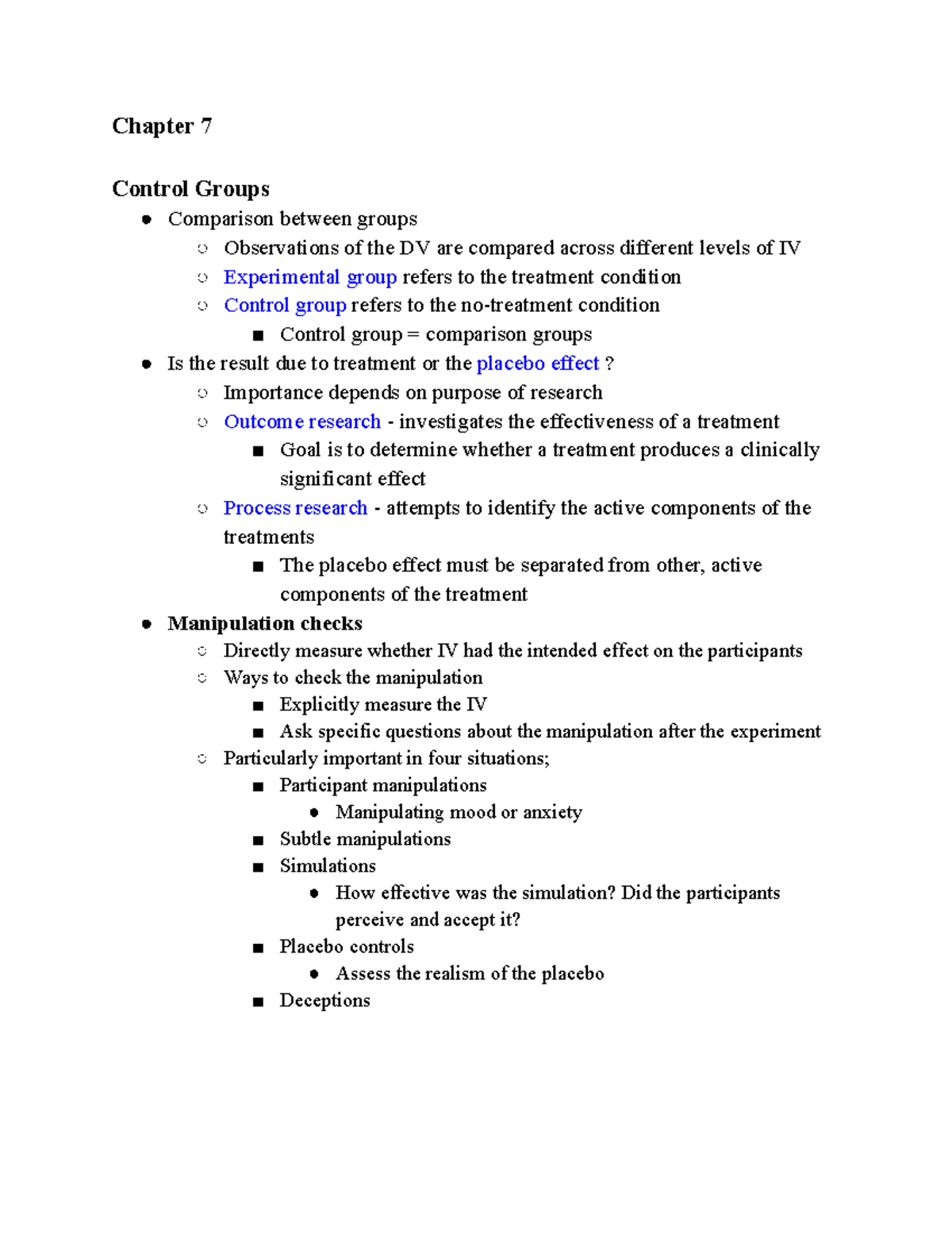 Chapter 7 notes on control groups, manipulation checks, and external