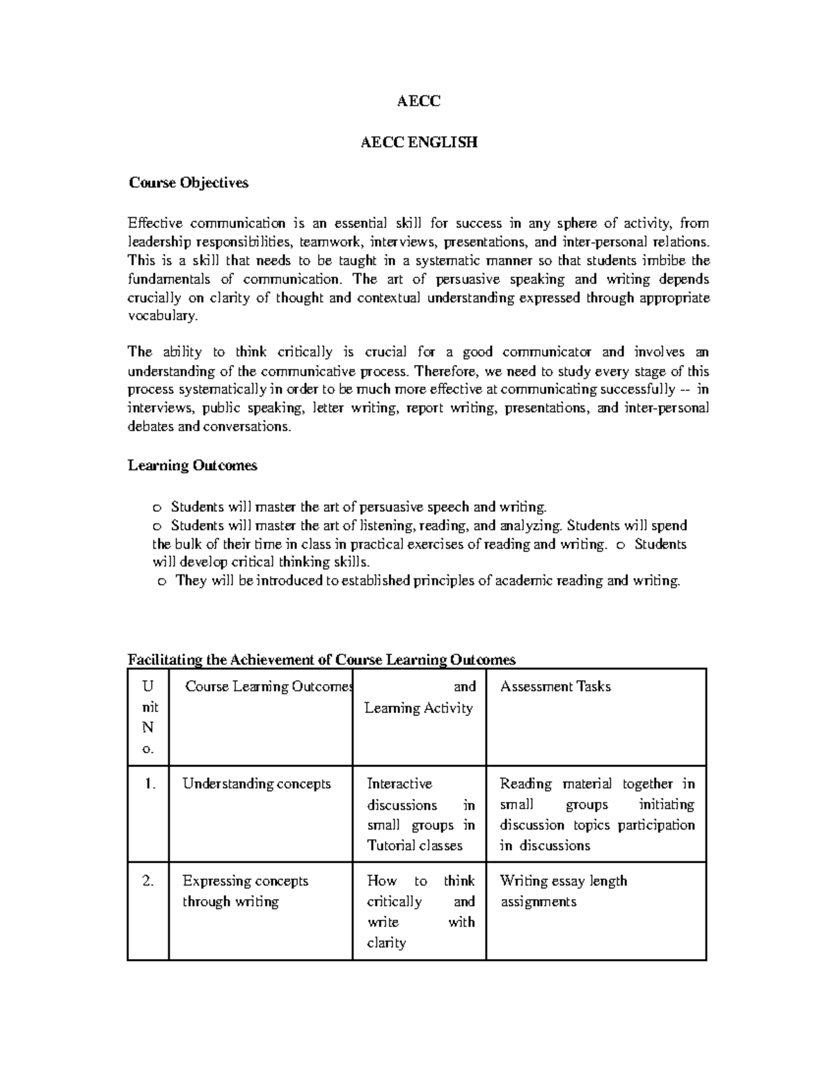 AECC Syllabus - AECC AECC ENGLISH Course Objectives Effective ...