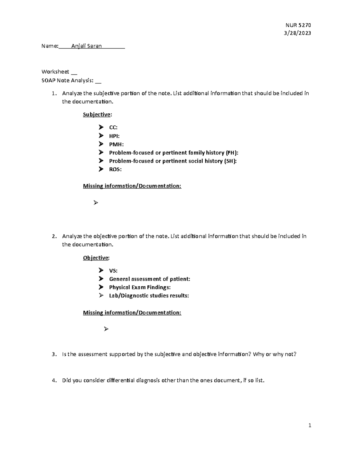SOAP Note analysis worksheet hw outline - NUR 5270 3/28/ Name: Anjali ...