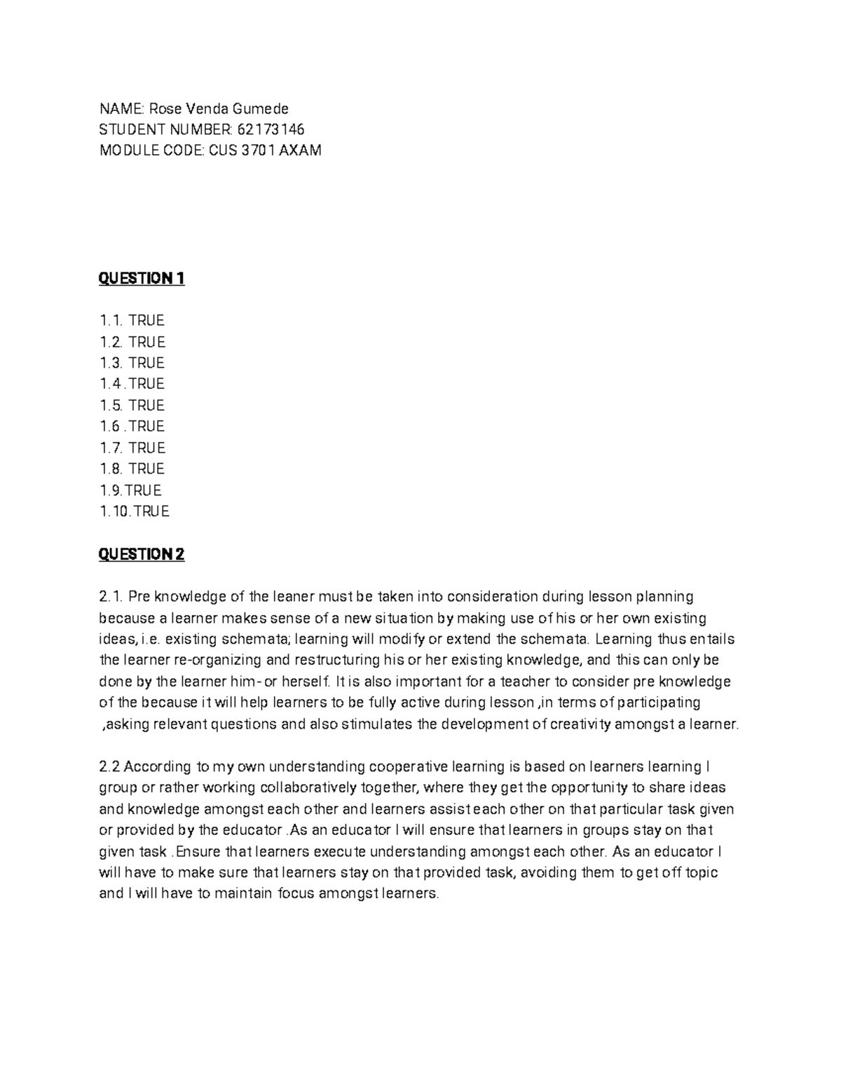 MY CUS Answer Script - Exam - NAME: Rose Venda Gumede STUDENT NUMBER ...