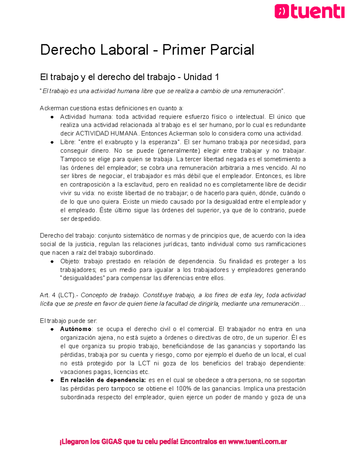 Primer Parcial - Laboral - Derecho Laboral - Primer Parcial El Trabajo ...