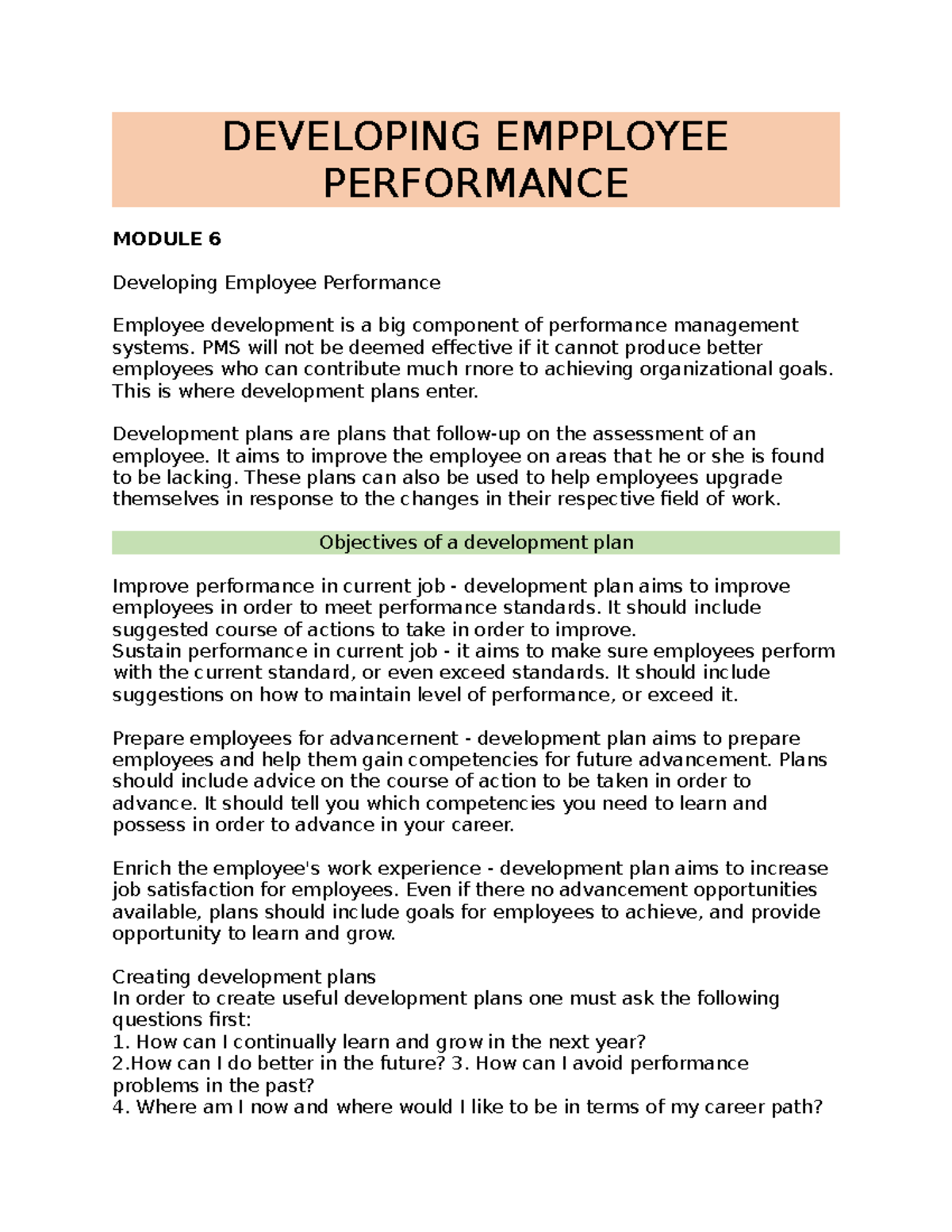 Developing Empployee Performance module 6 - DEVELOPING EMPPLOYEE ...