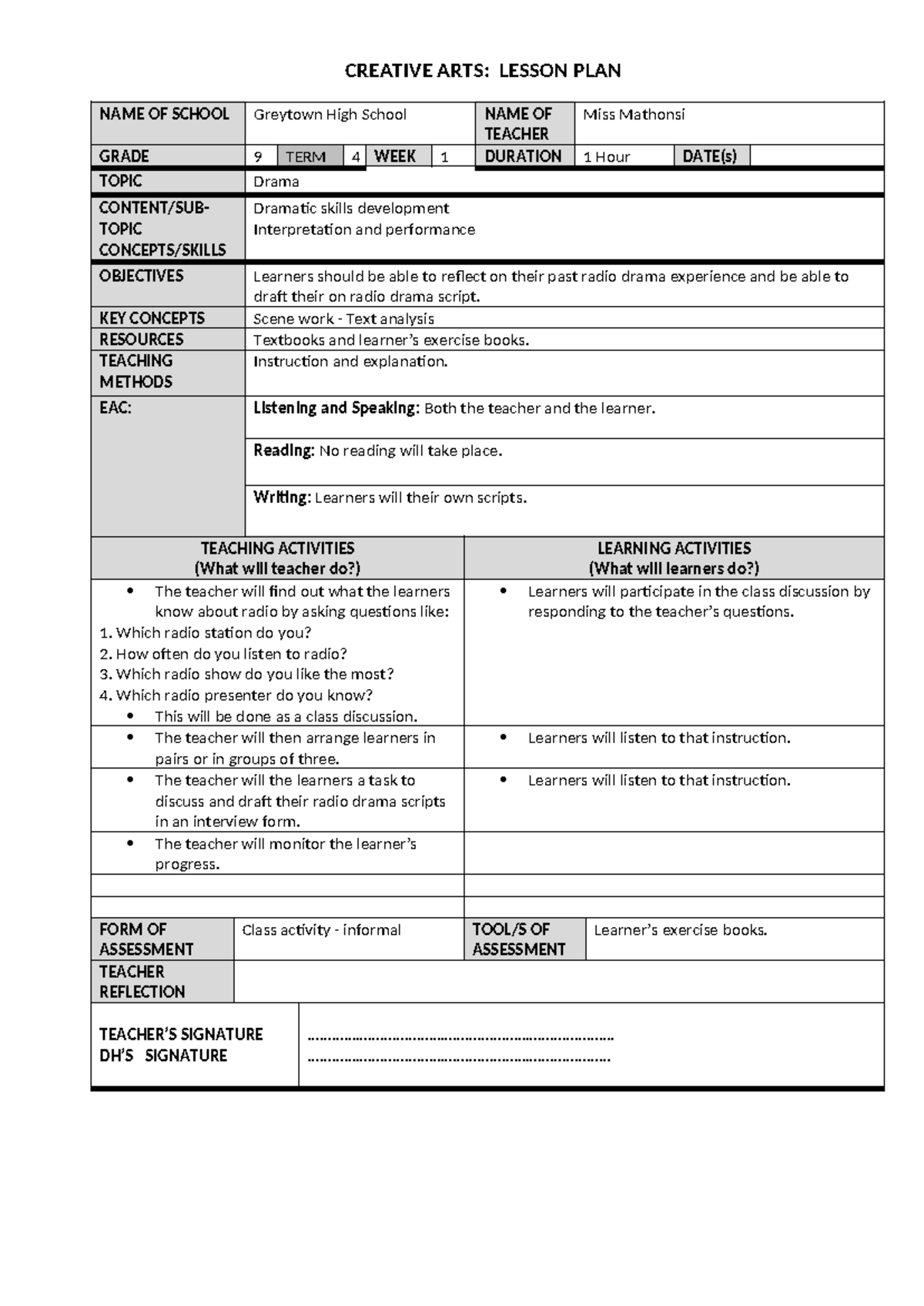 Grade 10 Creative Arts Lesson Plan Number 2 - CREATIVE ARTS: LESSON ...