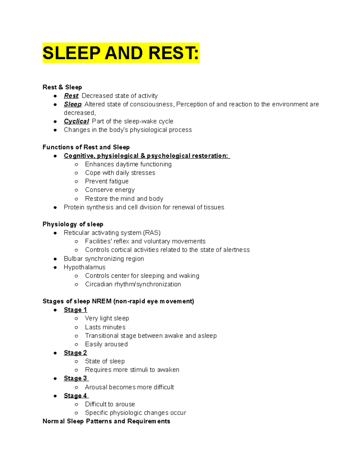 Sleep AND REST SLEEP AND REST Rest & Sleep Rest Decreased state of activity Sleep Studocu