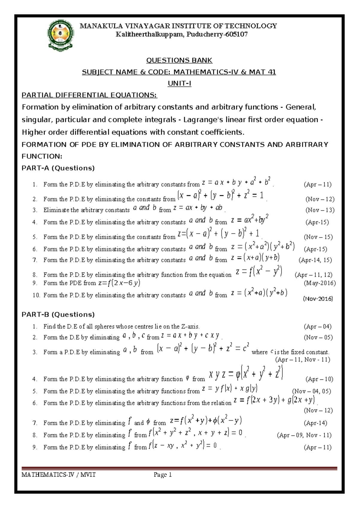 Questions BANK-M4 & two marks with answer - MANAKULA VINAYAGAR ...