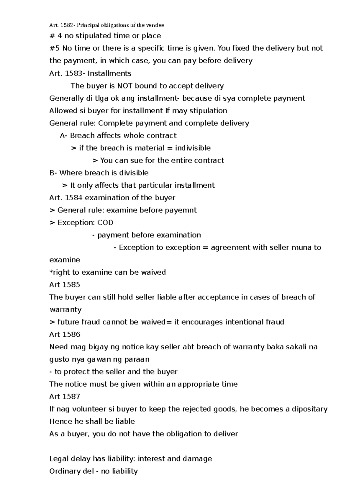 Notes for bl more on contract of sales Art. 1582 Principal