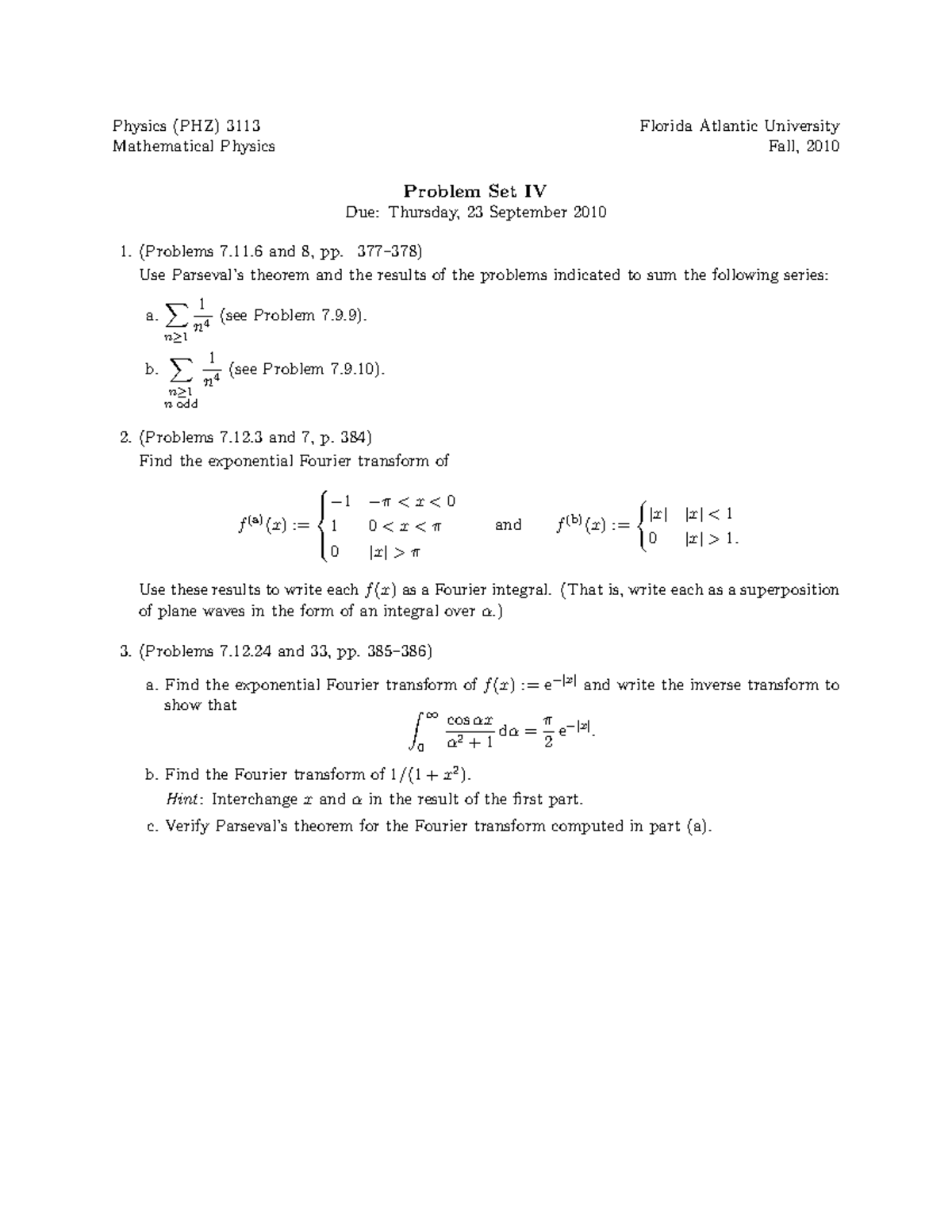 Homework Problem Set 4 - Physics (PHZ) 3113 Mathematical Physics ...