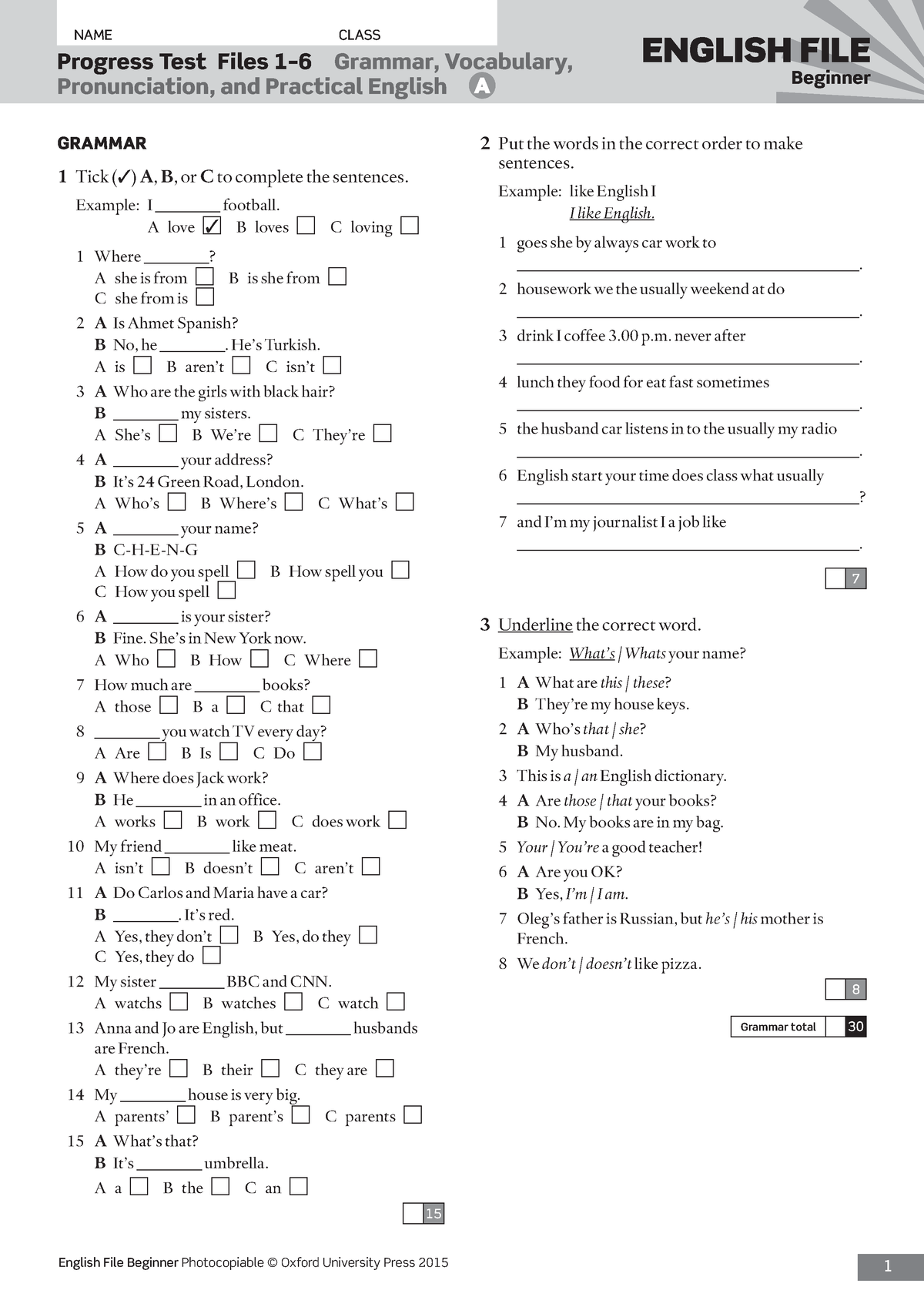 4th Edition Progress Test 1-6 - Progress Test Files 1–6 Grammar ...