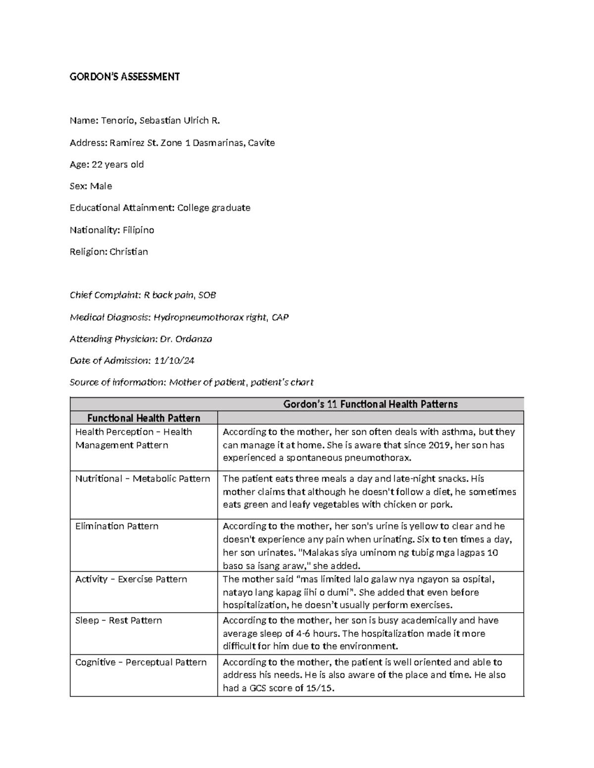 Gordons - asddasafafasf - GORDON’S ASSESSMENT Name: Tenorio, Sebastian ...