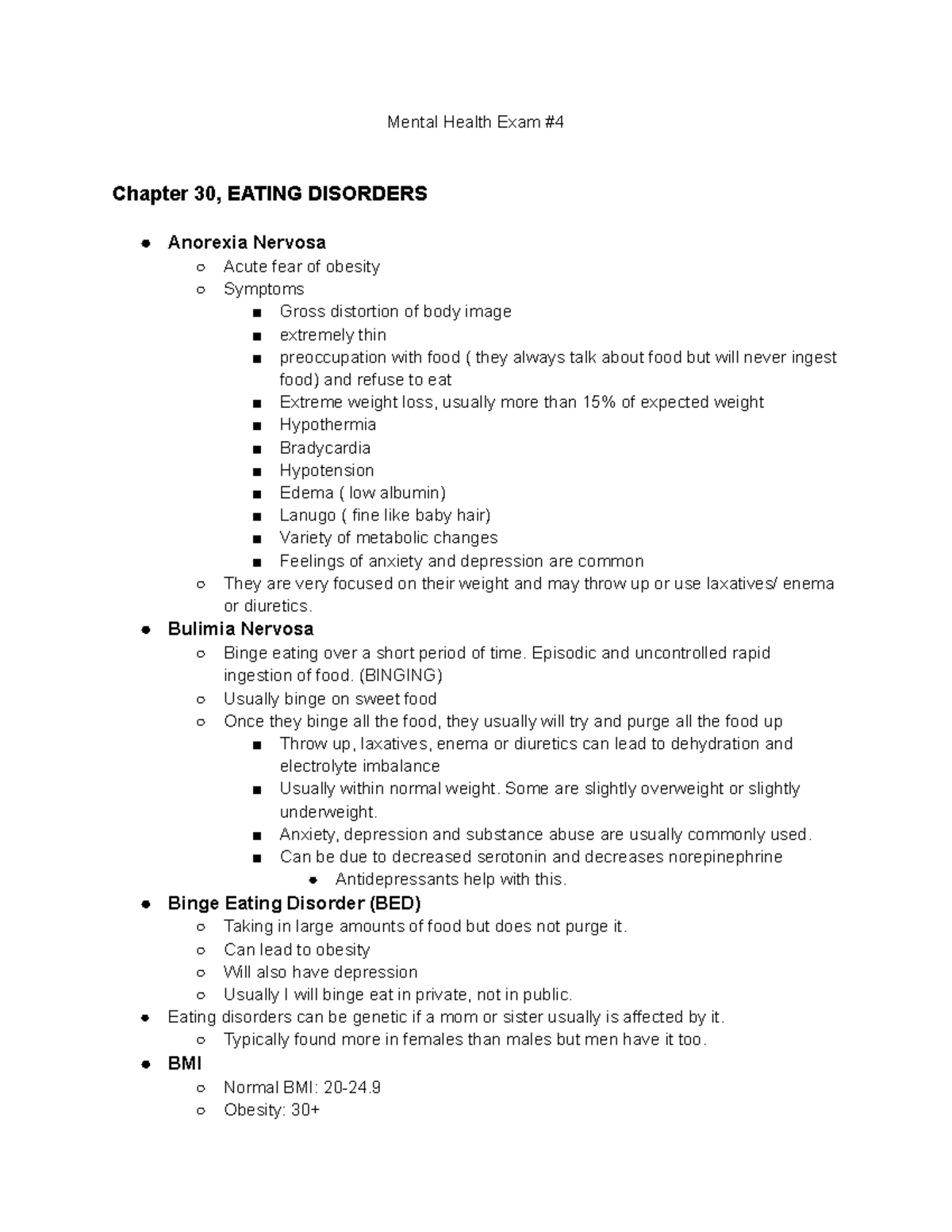 Mental Health Exam #4 - Bulimia Nervosa Binge eating over a short ...