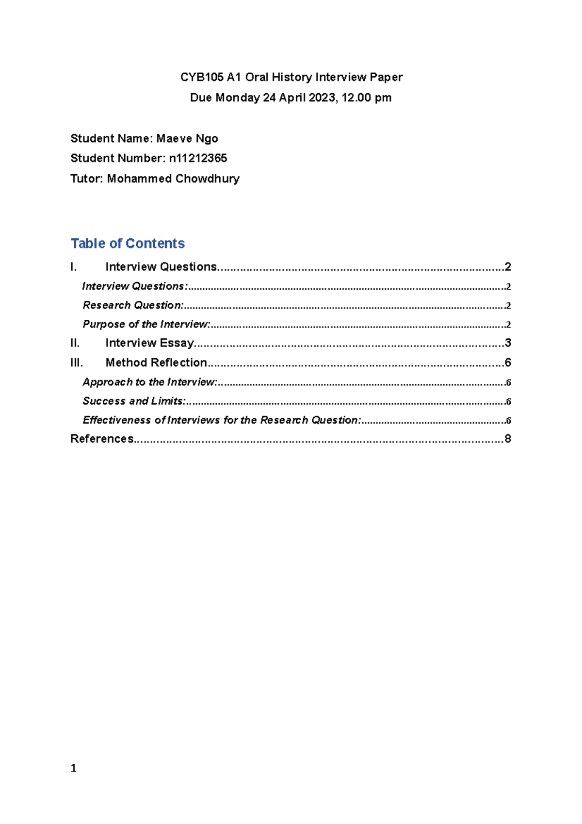 CYB105 A1 Interview Paper - CYB105 A1 Oral History Interview Paper Due ...