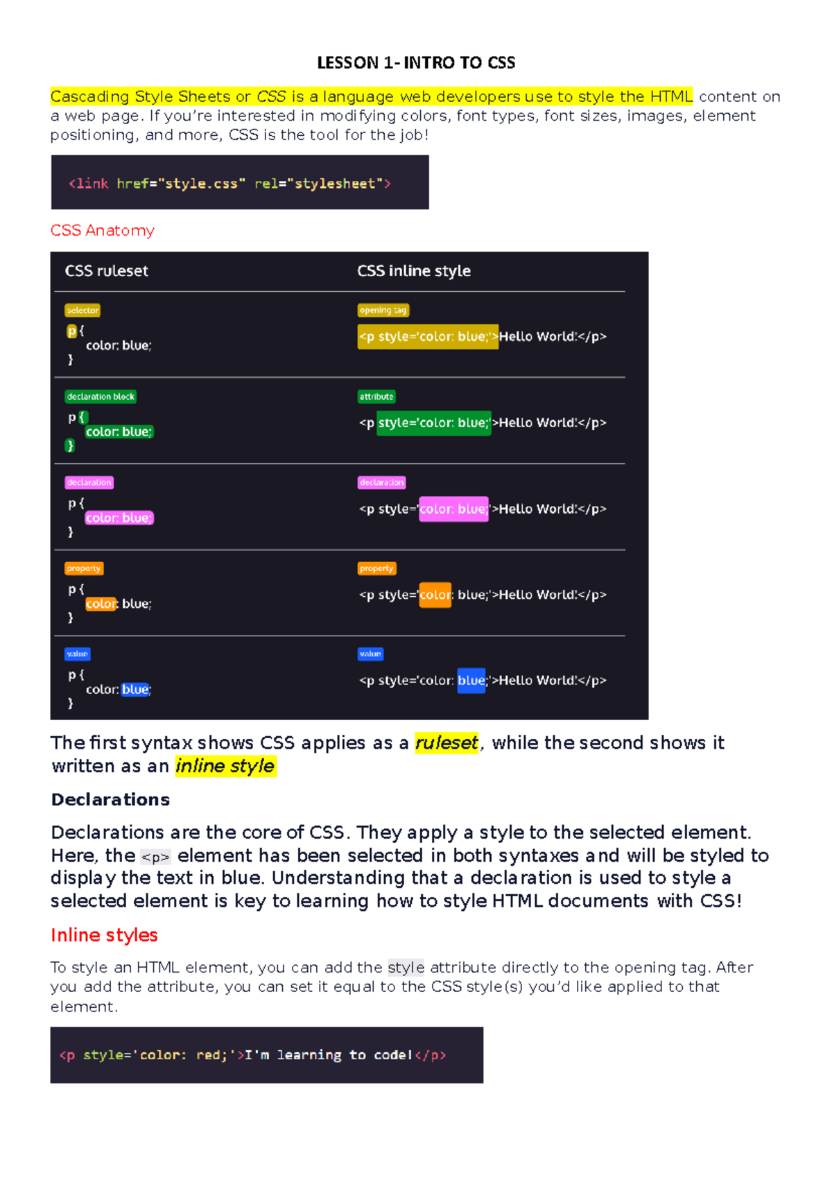 Intro TO CSS- Lesson 1 - LESSON 1- INTRO TO CSS Cascading Style Sheets ...