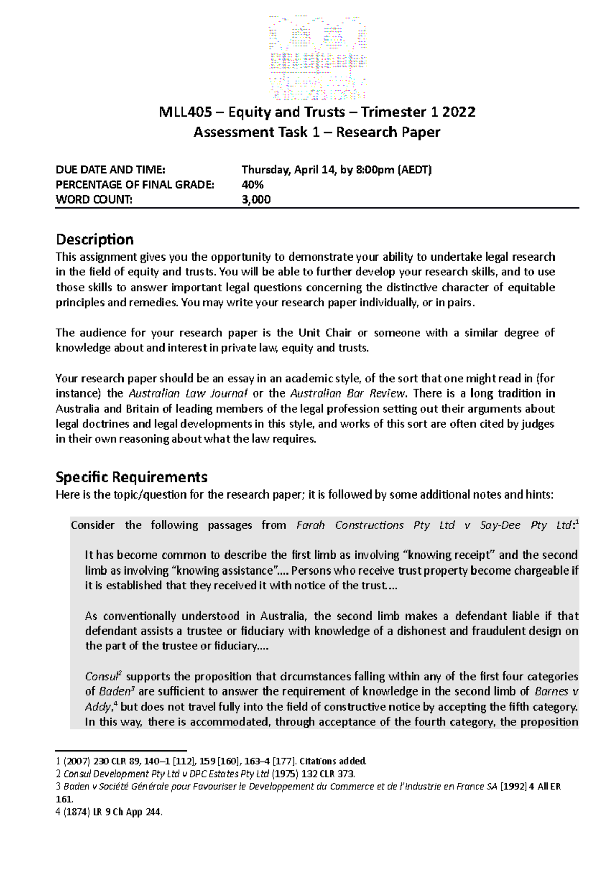 Equity outline assignment outline - MLL405 – Equity and Trusts ...