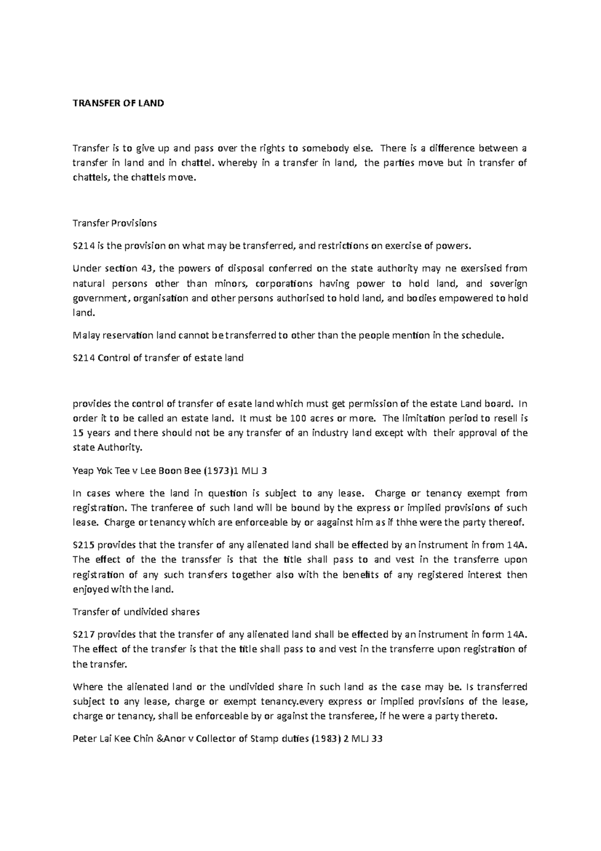 Transfer OF LAND Lecture notes 1 TRANSFER OF LAND Transfer is to