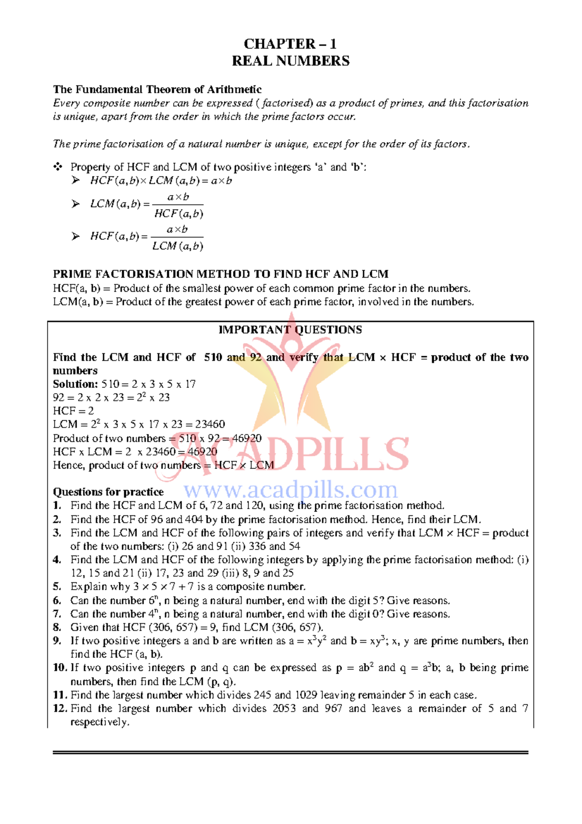 Real number Most important questions - CHAPTER – 1 REAL NUMBERS The ...