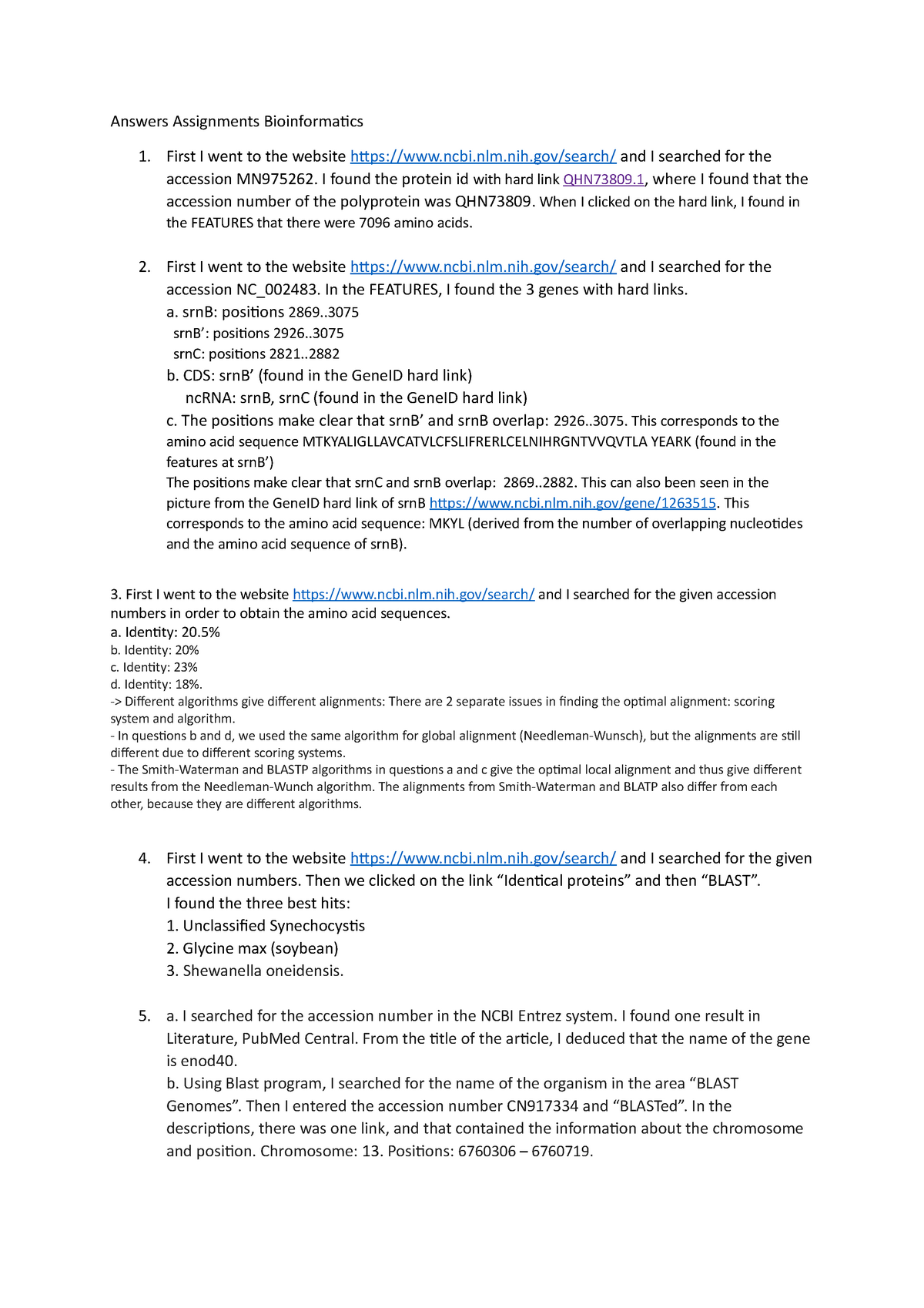 bioinformatics assignments