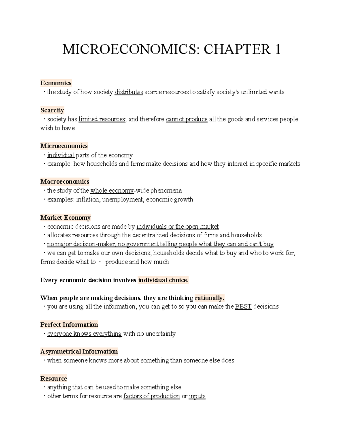 1B03: WEEK 1 NOTES - MICROECONOMICS: CHAPTER 1 Economics · The Study Of ...