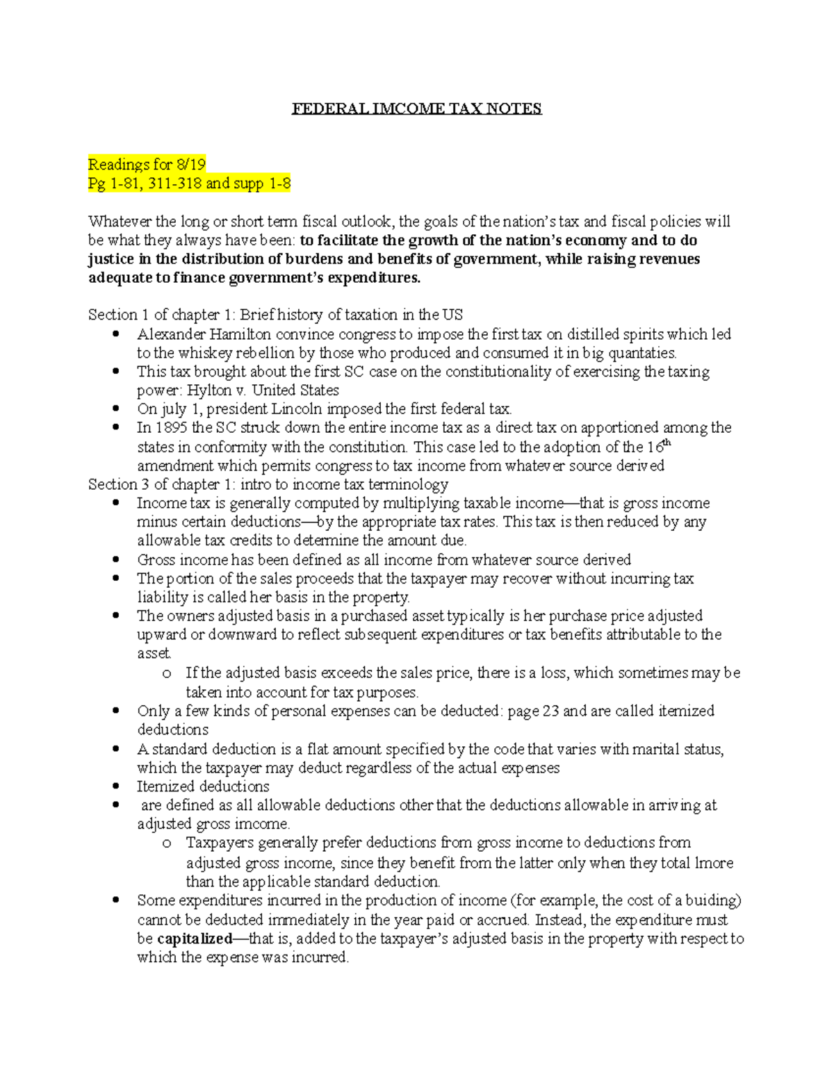 Federal Imcome TAX Notes - FEDERAL IMCOME TAX NOTES Readings for 8/ Pg ...