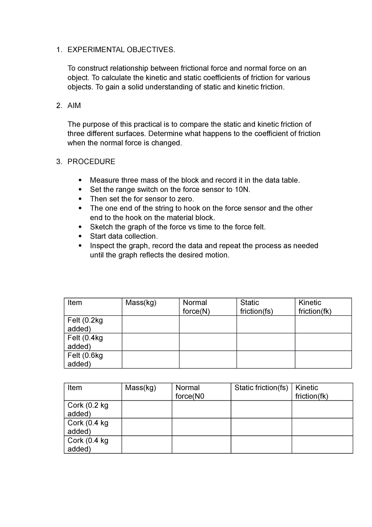 Experimental Objectives - 1. EXPERIMENTAL OBJECTIVES. To construct ...