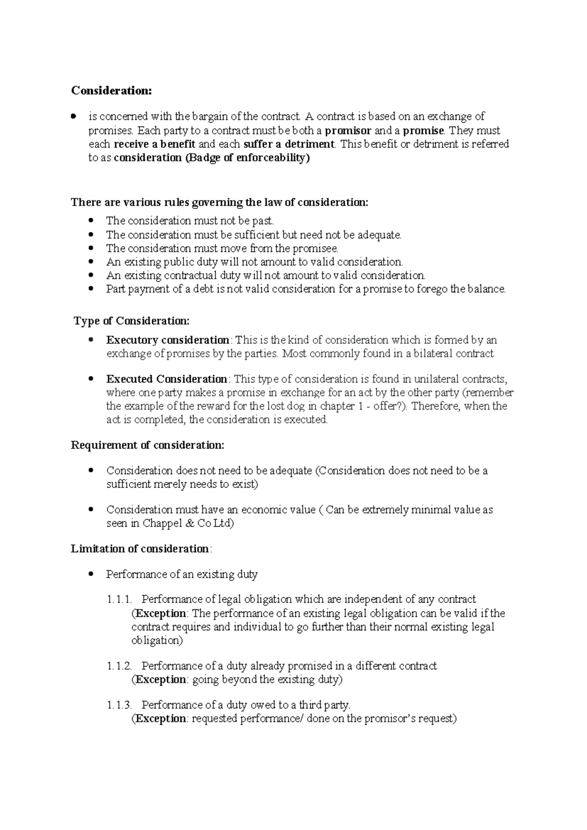 Consideration notes - Contract Law - Consideration: is concerned with ...
