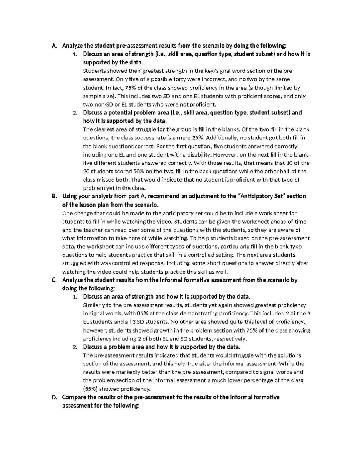 D172 task 2 - pass - A. Analyze the student pre-assessment results from ...