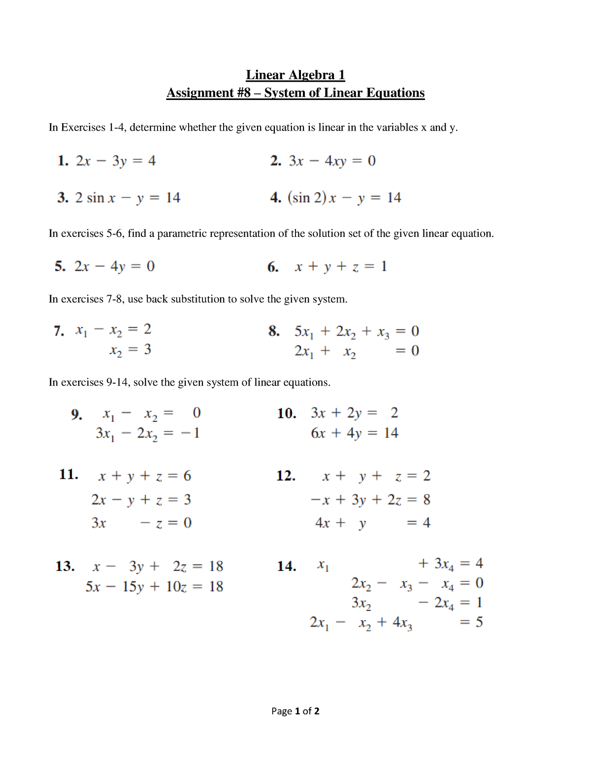 Assignment 8 - System of Linear Equations - Page 1 of 2 Linear Algebra ...