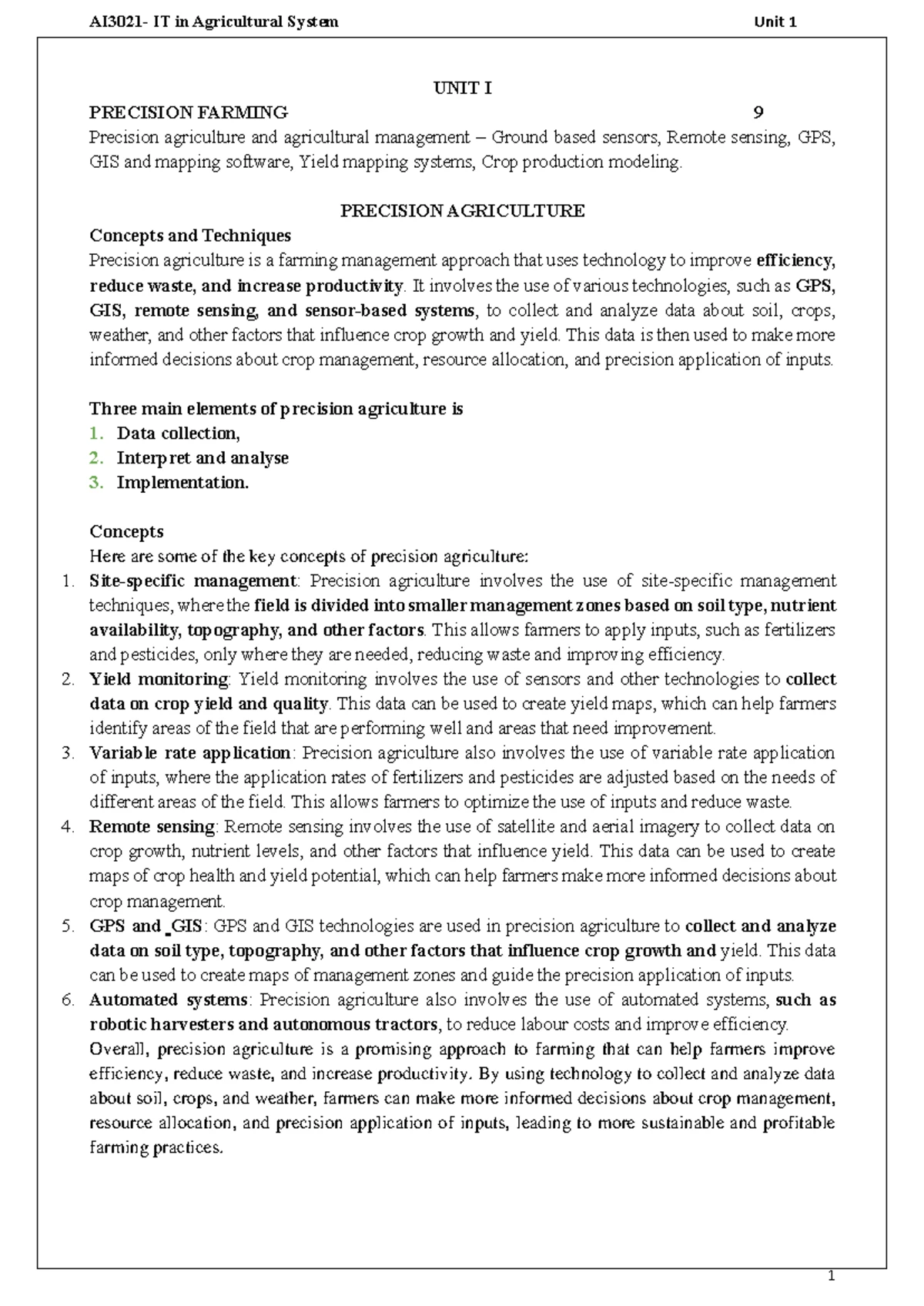 Document from DK - This notes is unit 5 - 1 UNIT I Precision Farming ...