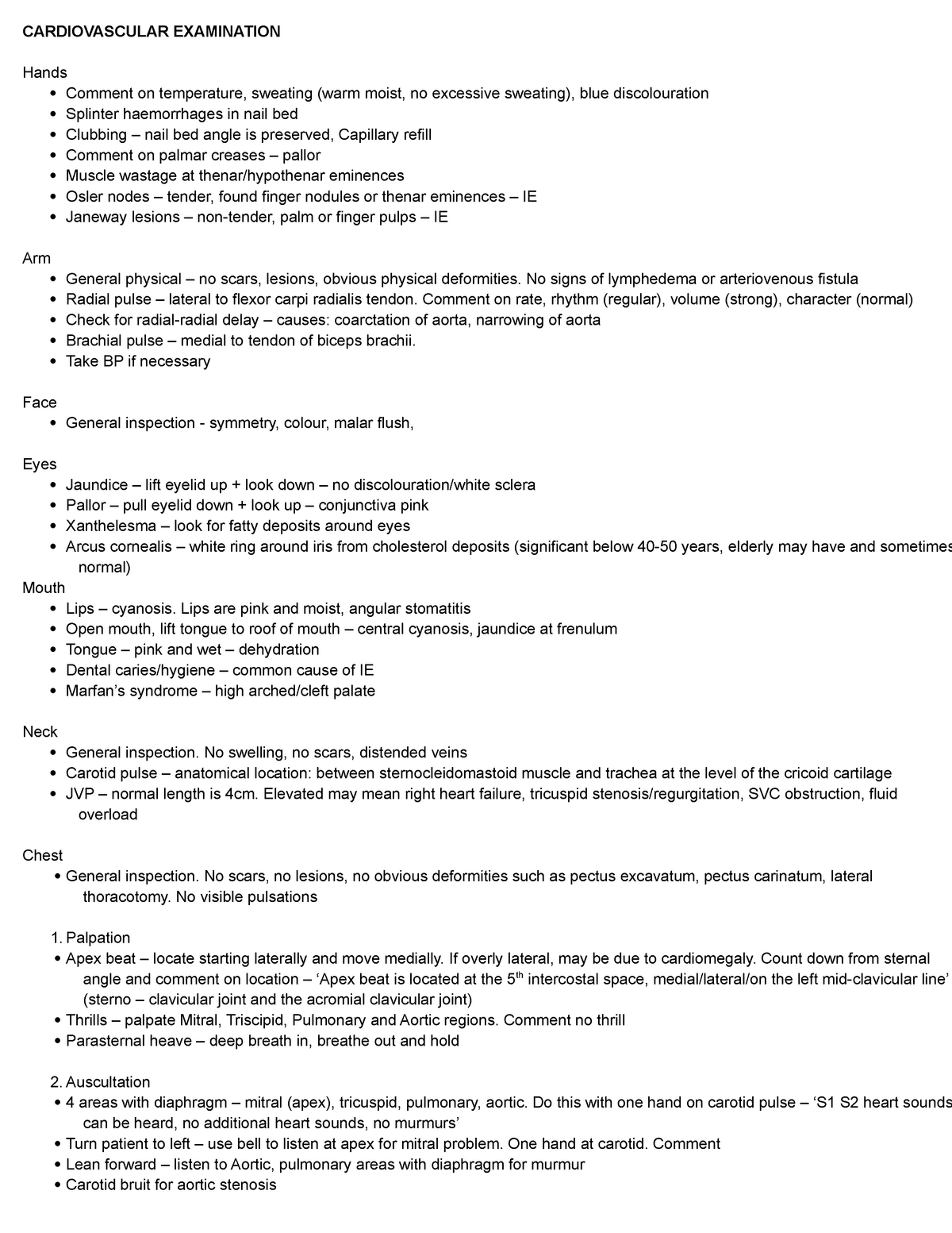 Cardiovascular OSCE Notes - CARDIOVASCULAR EXAMINATION Hands Comment on ...