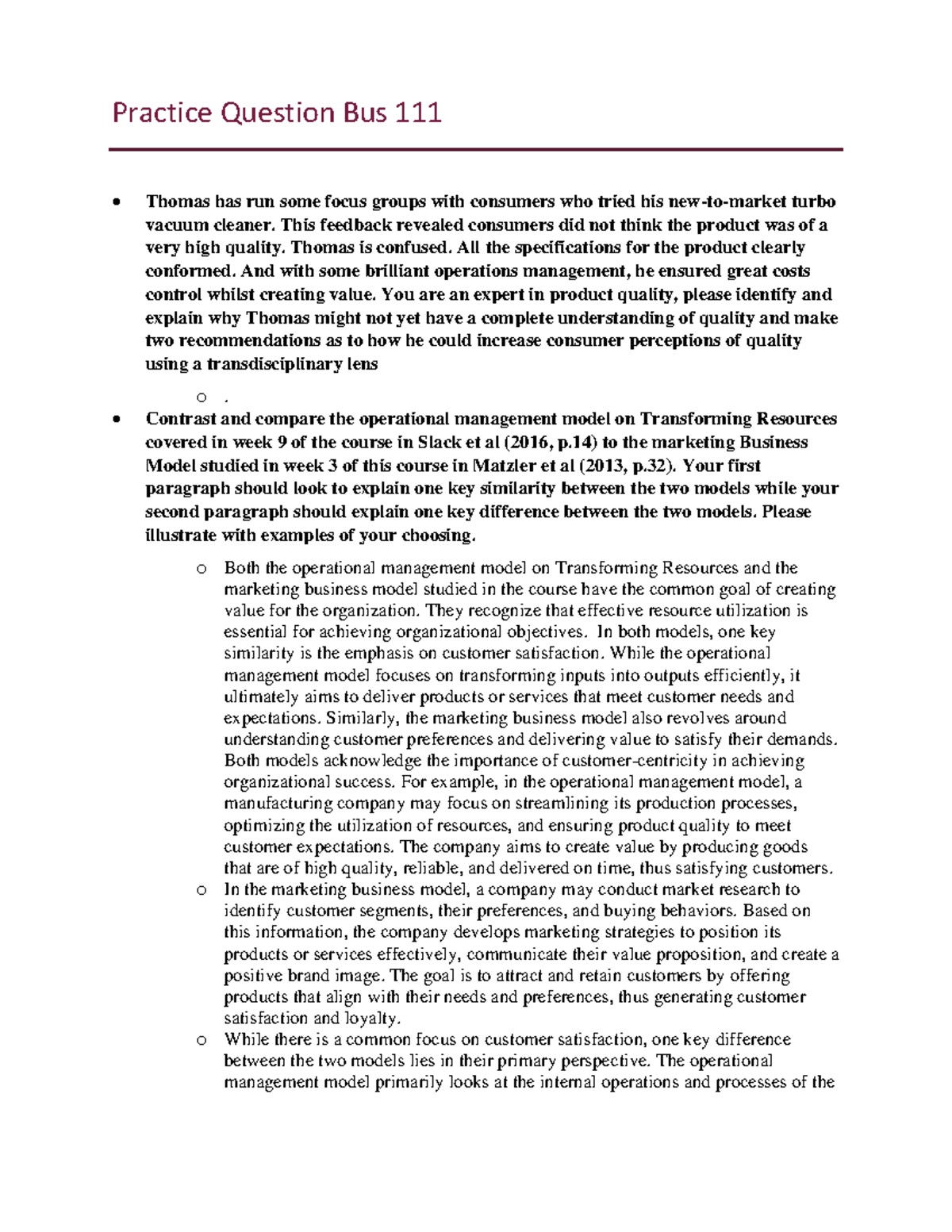 Practice Question Bus 111 - This feedback revealed consumers did not ...