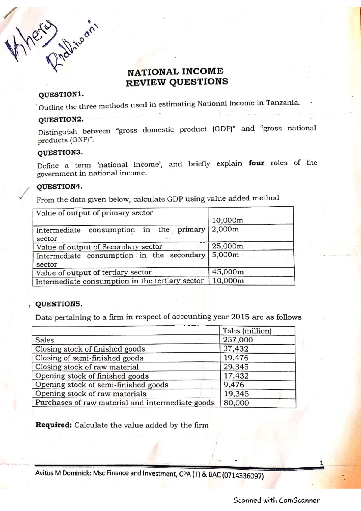 National Income Review Questions - any NATIONAL INCOME REVIEW QUESTIONS ...