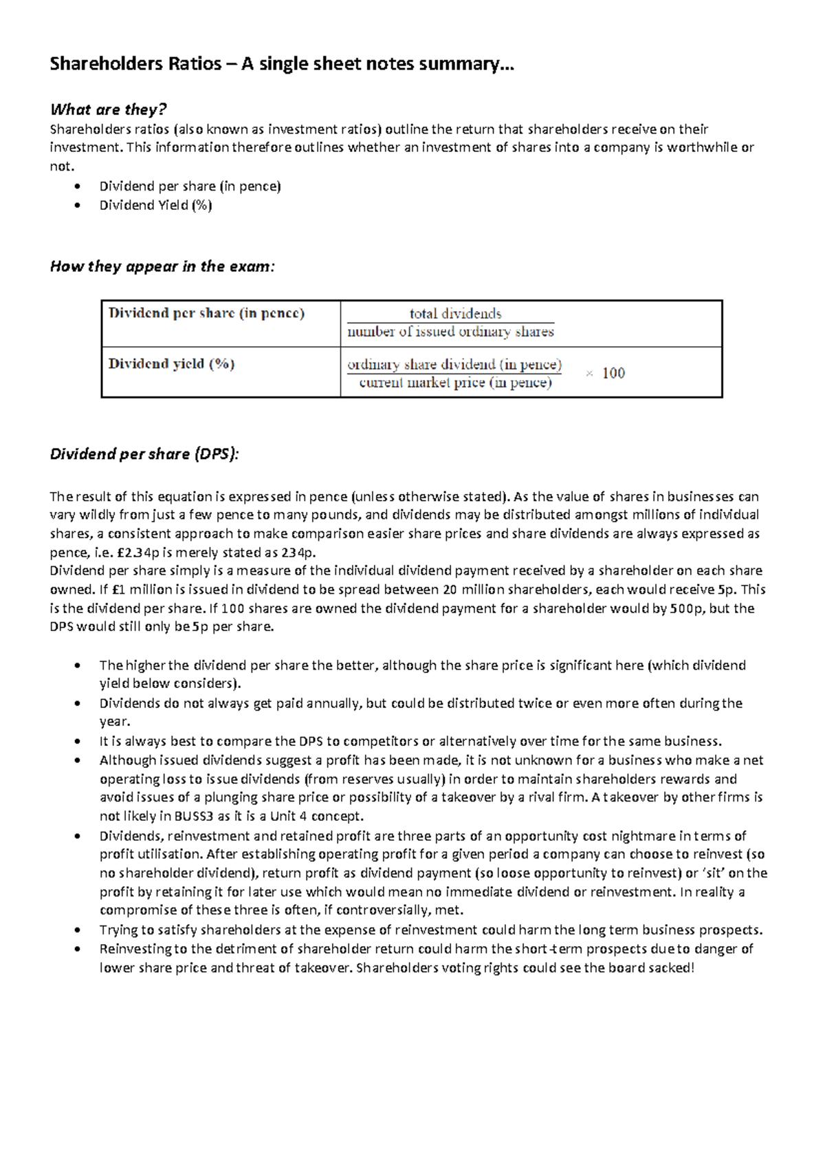 Shareholder Ratios in a Nutshell - Shareholders Ratios – A single sheet ...