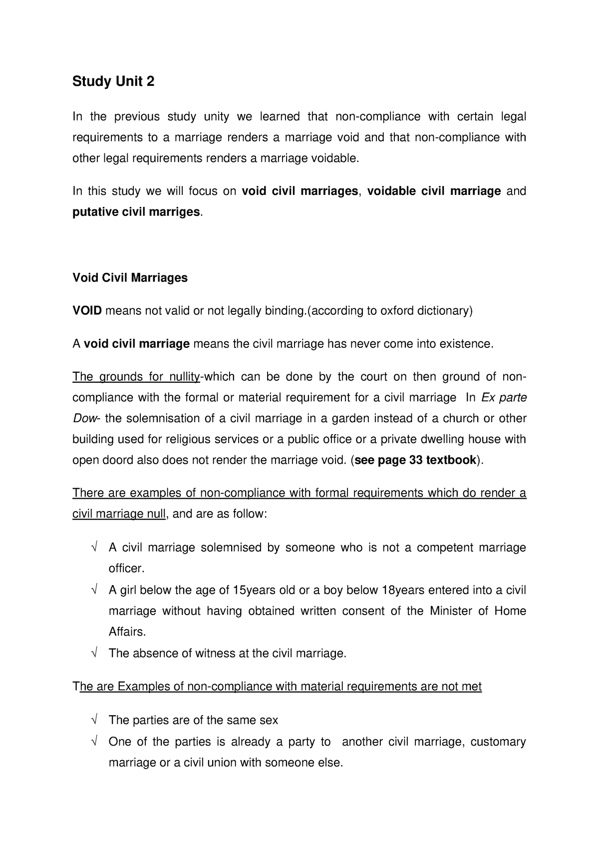 Study UNIT 2 VOID, Voidable AND Putative Marriage- Summary Notes ...