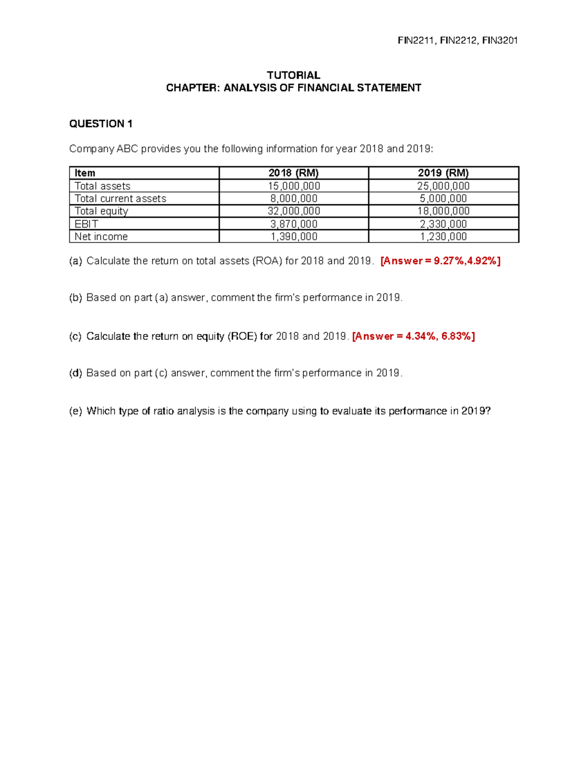 Tutorial Question - TUTORIAL CHAPTER: ANALYSIS OF FINANCIAL STATEMENT ...