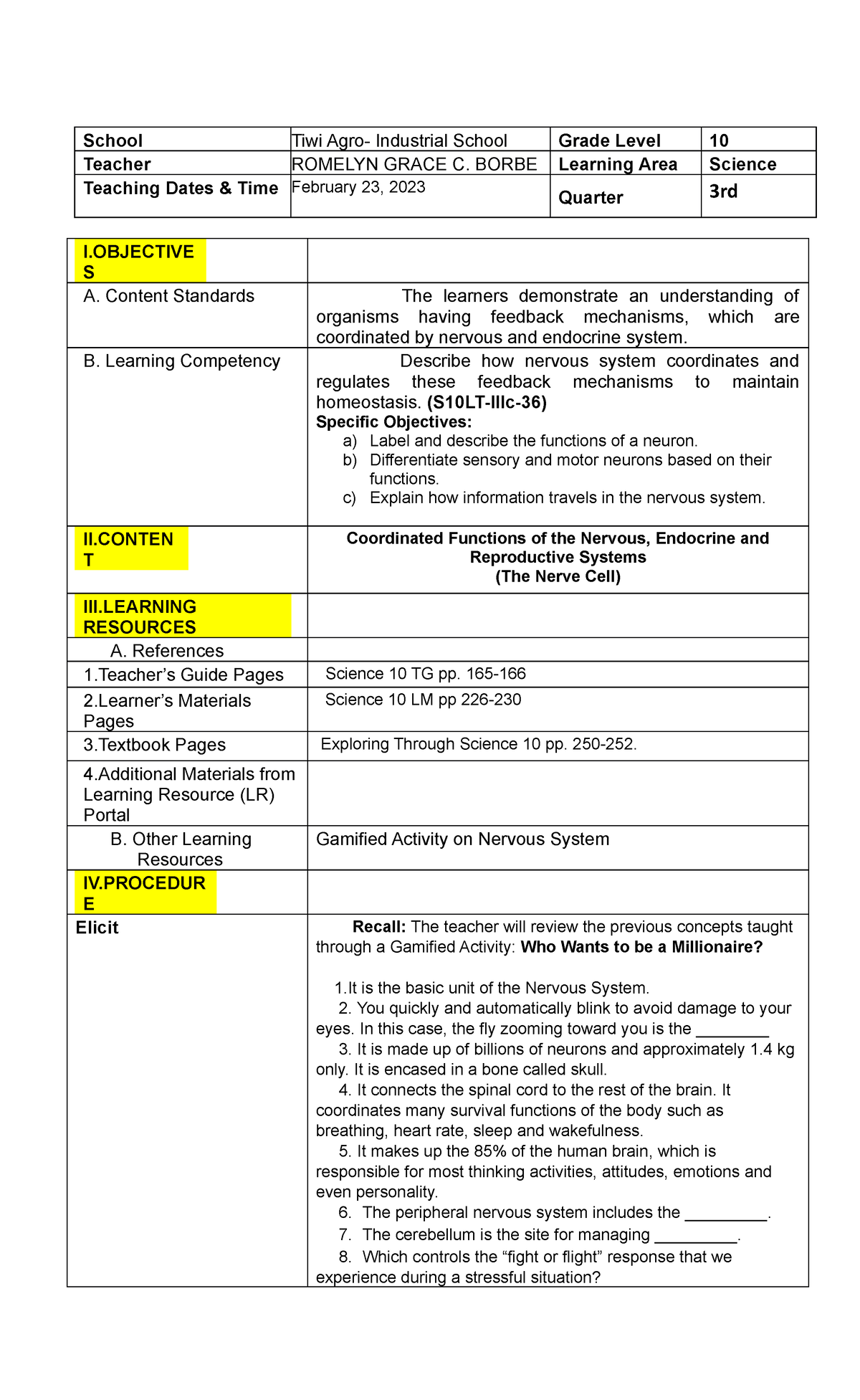 Lesson Plan on Nerve cells - School Tiwi Agro- Industrial School Grade ...