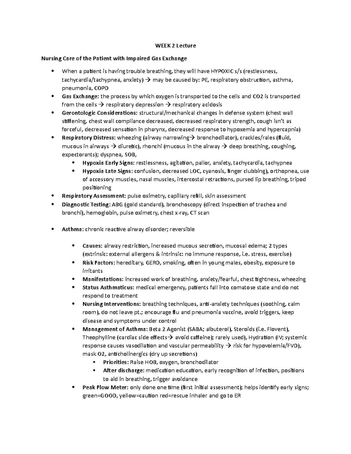 Med Surg Week 2 Lecture Respiratory notes - WEEK 2 Lecture Nursing Care ...