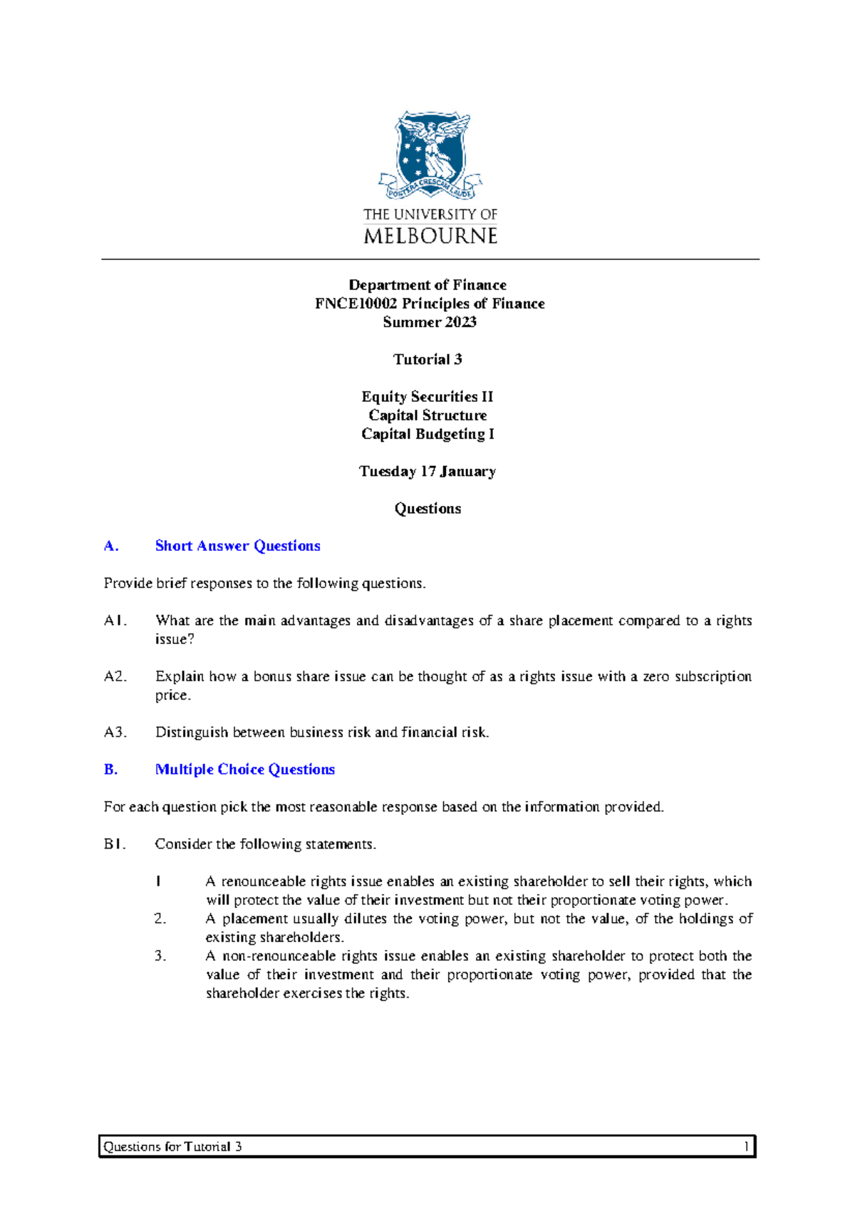 FNCE10002 Tutorial 03 Questions Summer 2023 - Questions for Tutorial 3 ...