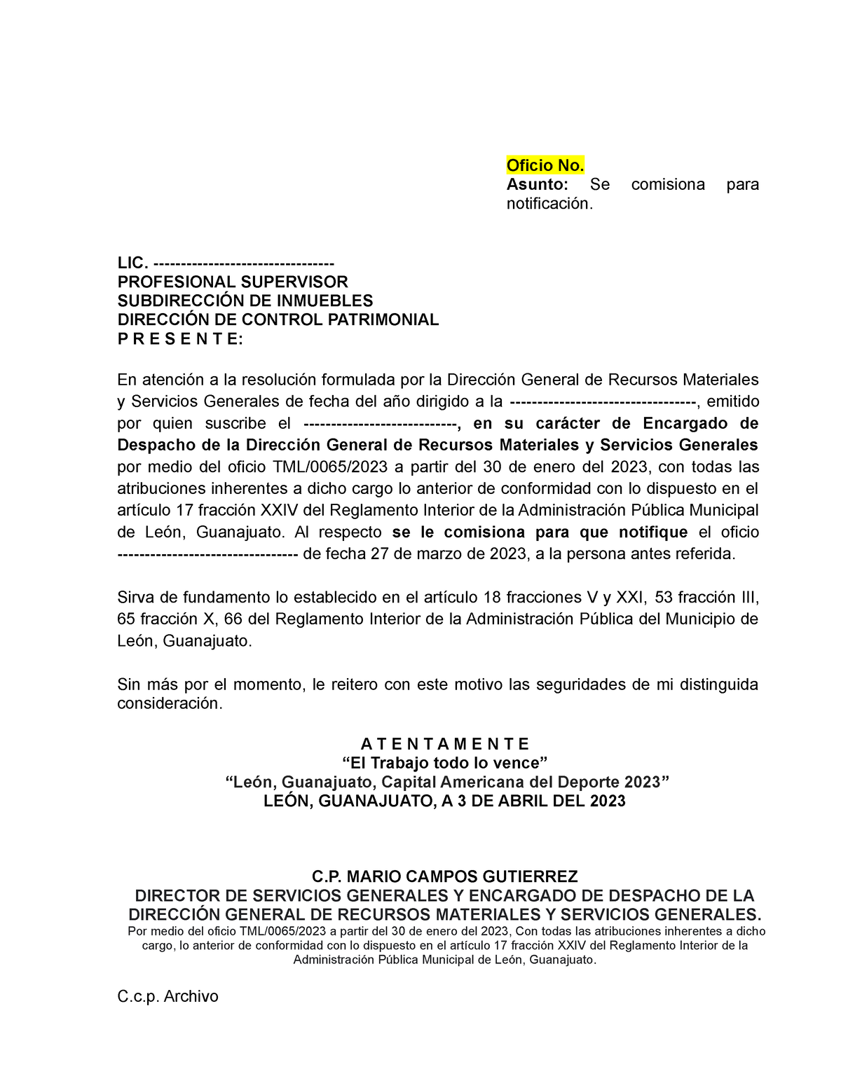 Oficio Comision Para Notificar Dgrm Oficio No Asunto Se Comisiona Para Notificación Lic 3535