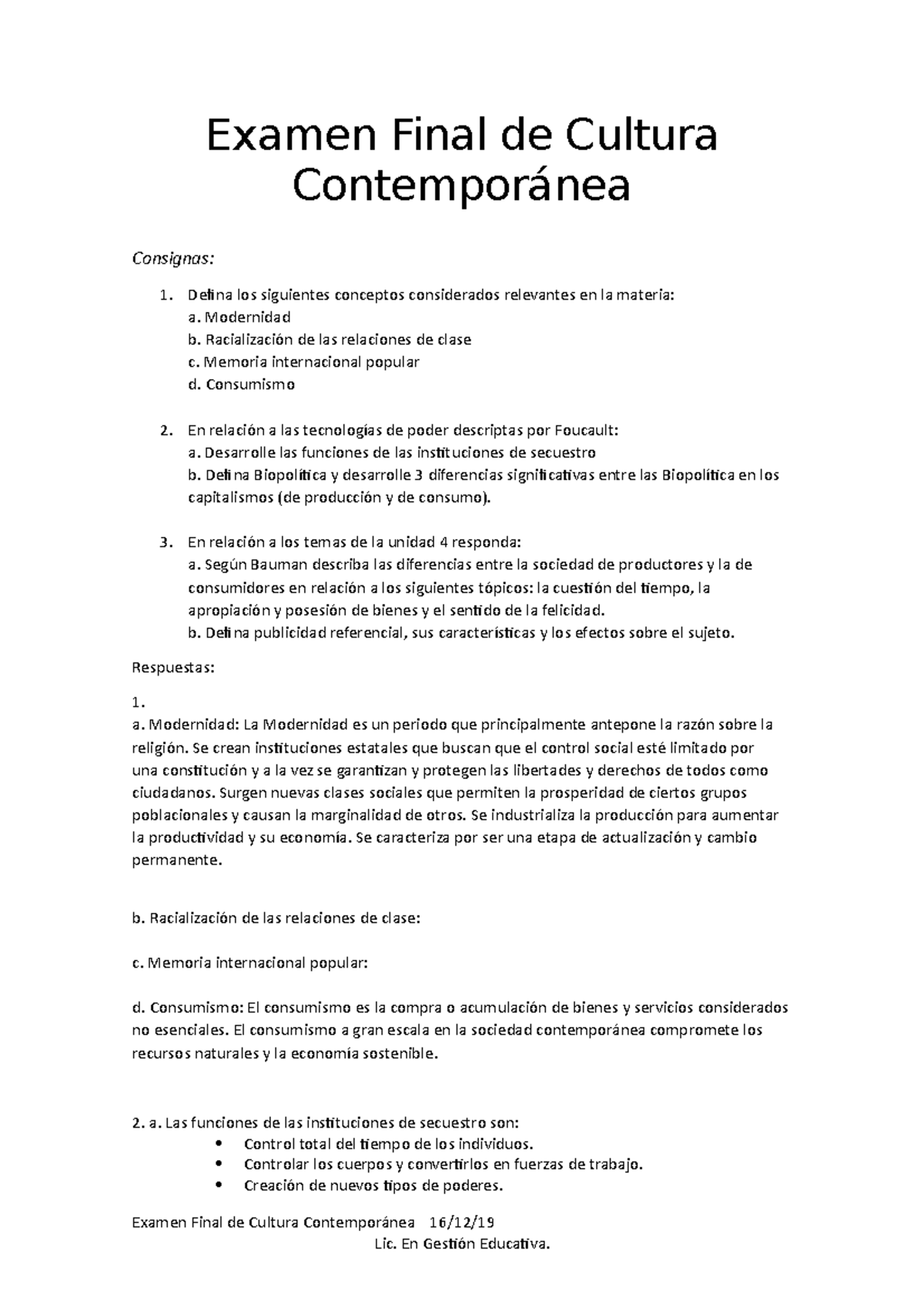 Examen Final Cultura - Examen Final De Cultura Contemporánea Consignas ...