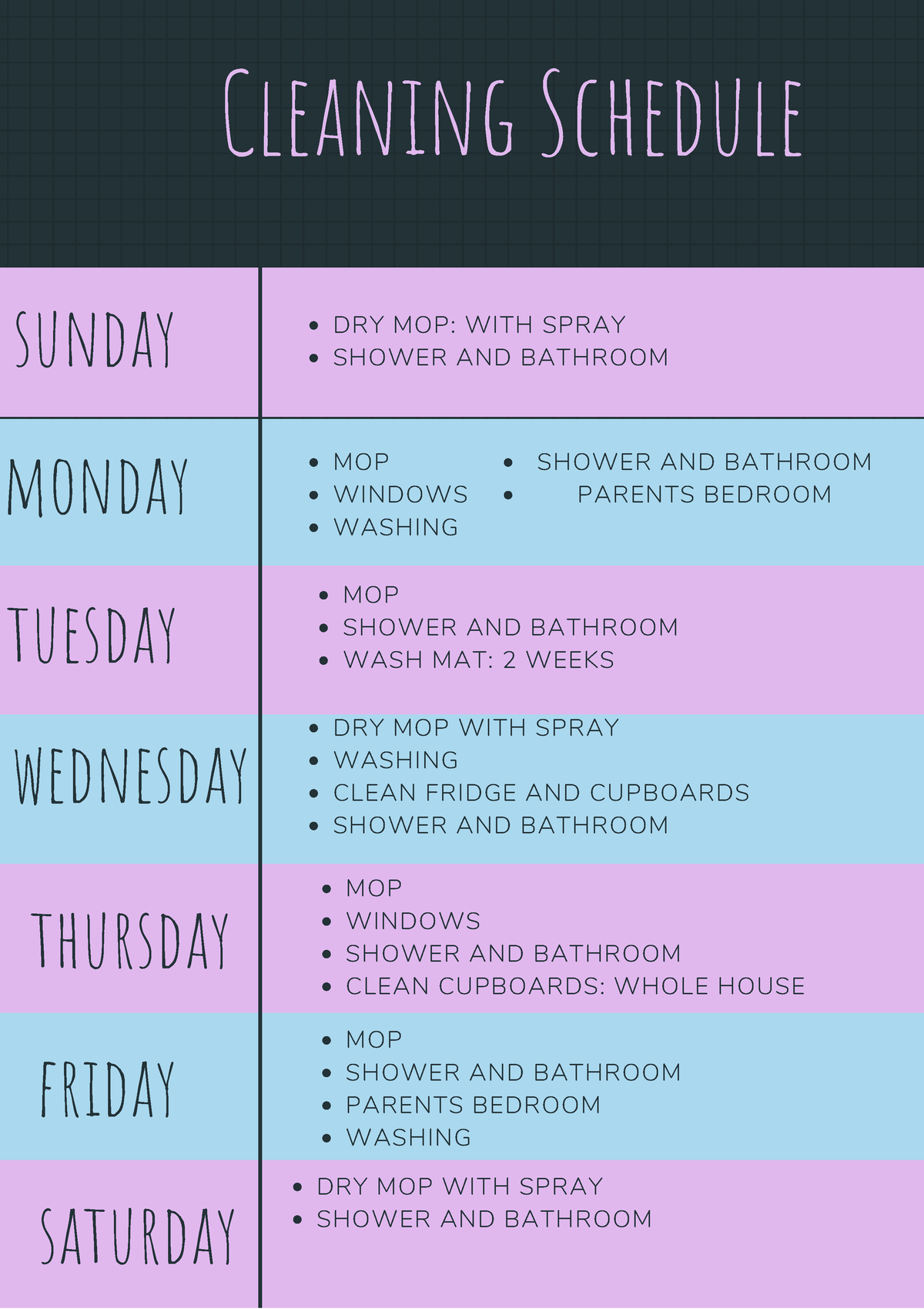 learning unit 1 summary - Cleaning Schedule sunday DRY MOP: WITH SPRAY ...