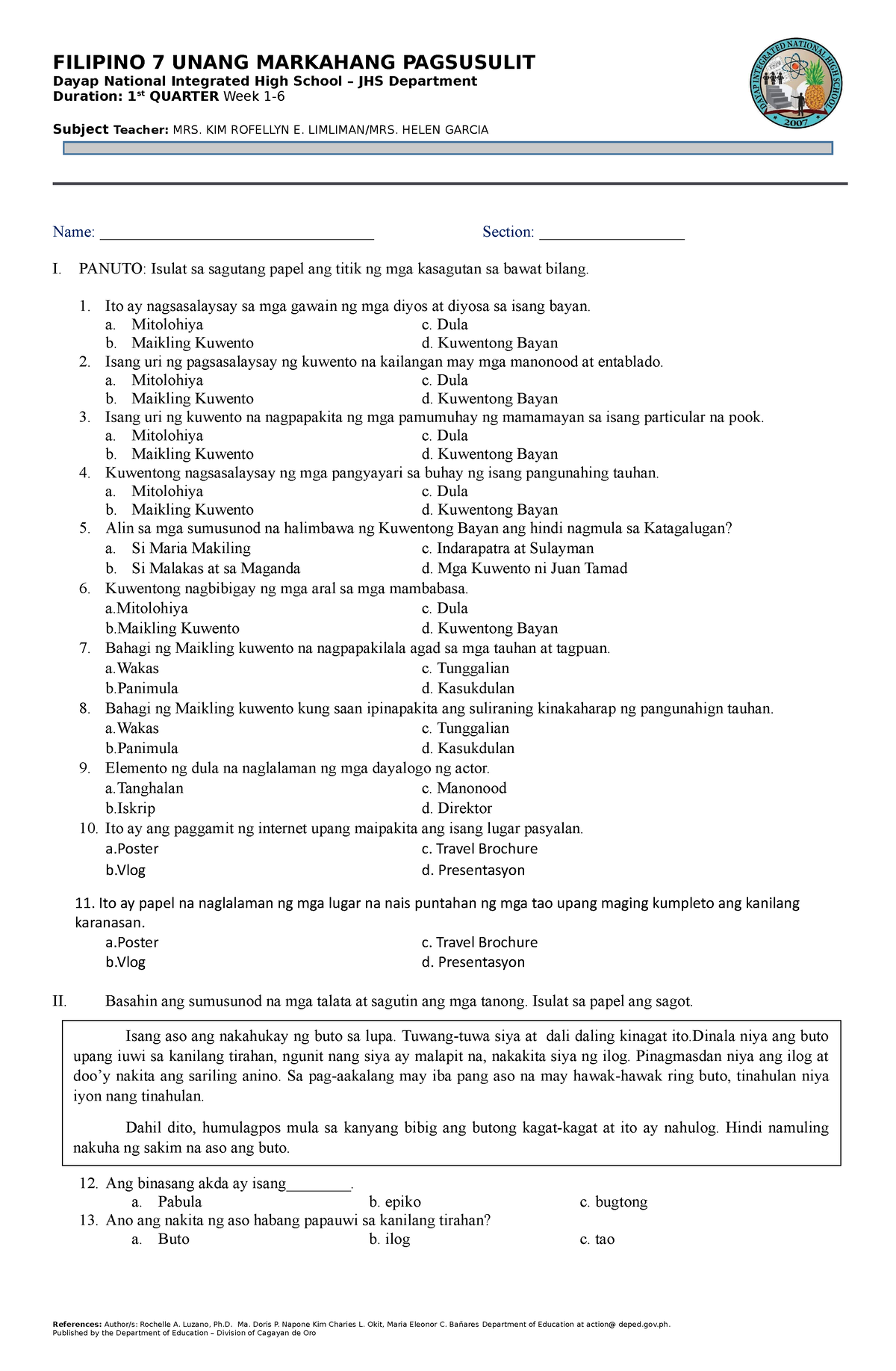 Filipino 7 Unang Markahang Pagsusulit - FILIPINO 7 UNANG MARKAHANG ...