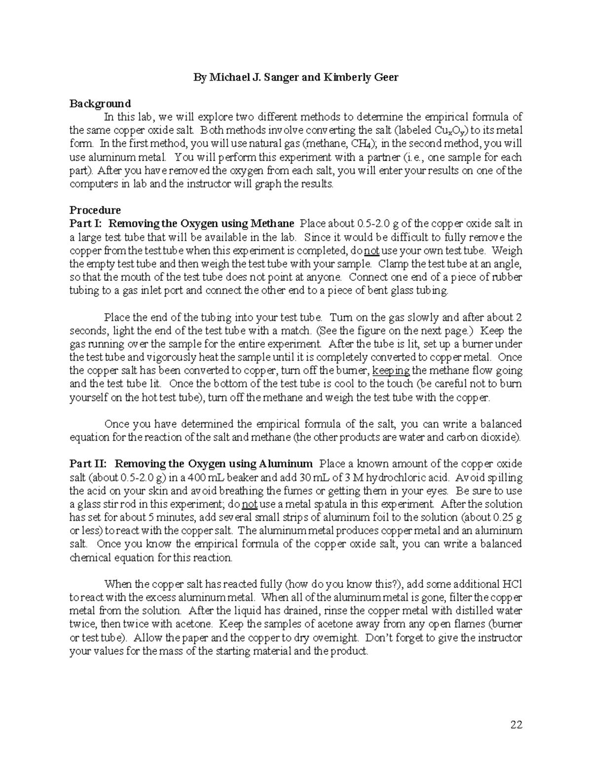 LAB 4 Chemistry Lab By Michael J. Sanger and Kimberly Geer