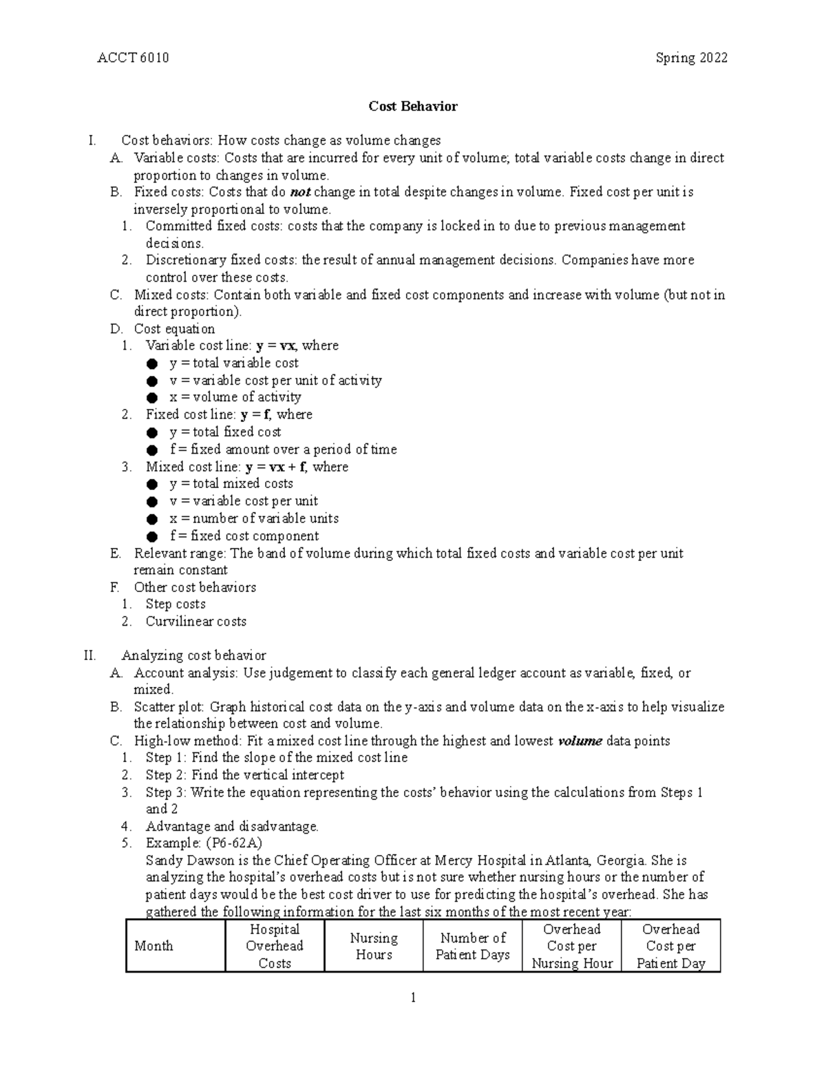 Chapter 6 Class Handout - Cost Behavior I. Cost behaviors: How costs ...