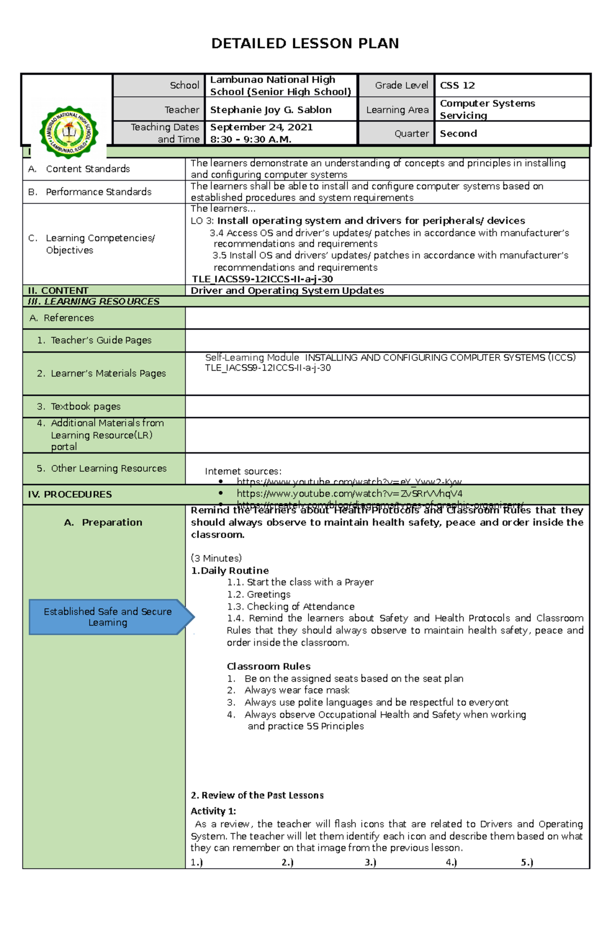 1st CO 2022 - Ist CO - DETAILED LESSON PLAN School Lambunao National ...