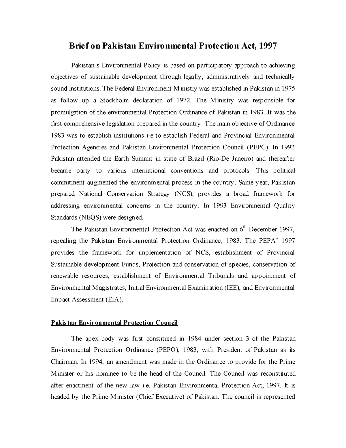 EPA act1997 environmental protection act 1997 Brief on Pakistan