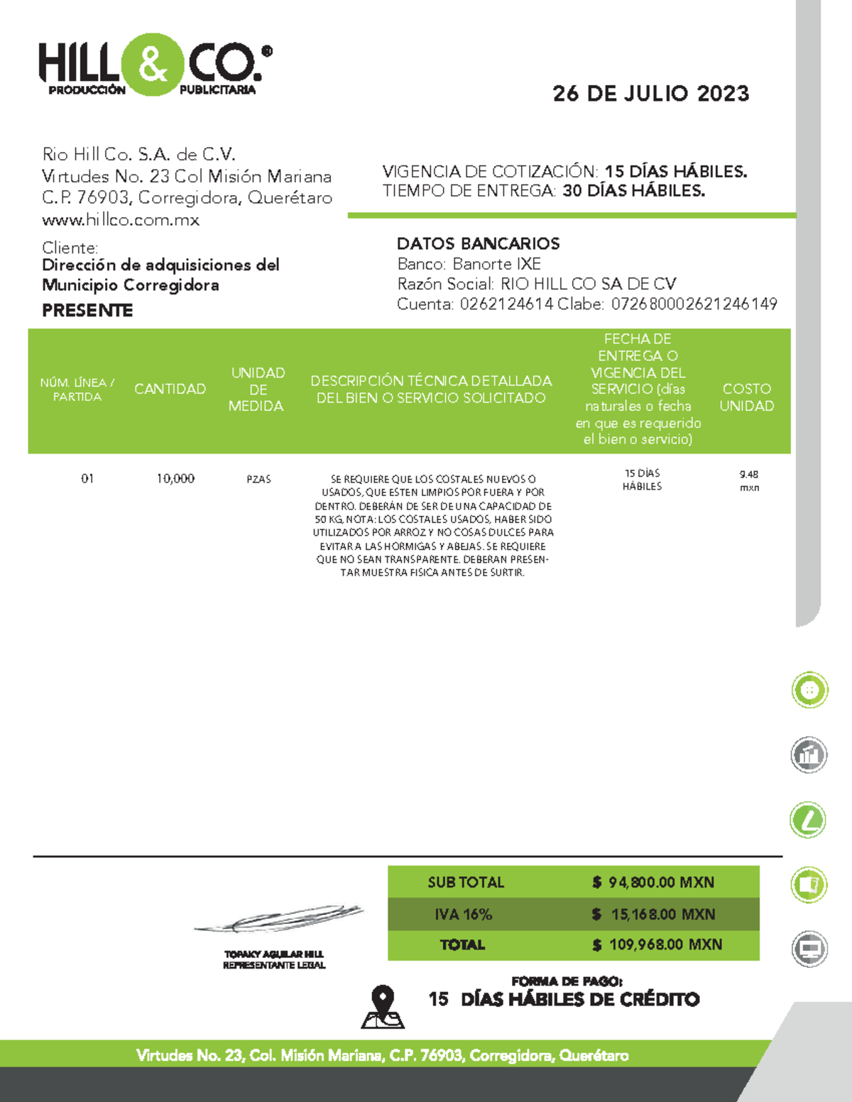 COT COST 26 Cot formal de proyecto empresarial Rio Hill Co. S. de C